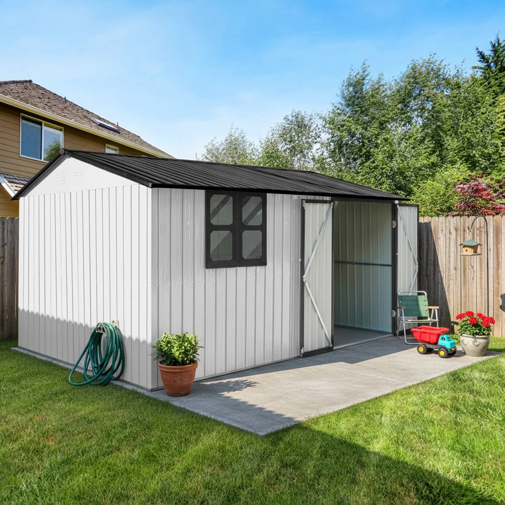 Left. Anysun - 12x10ft Metal Garden Shed with Window & Hinged Door, Heavy-Duty Outdoor Storage with Vents for Backyard - Beige+White.