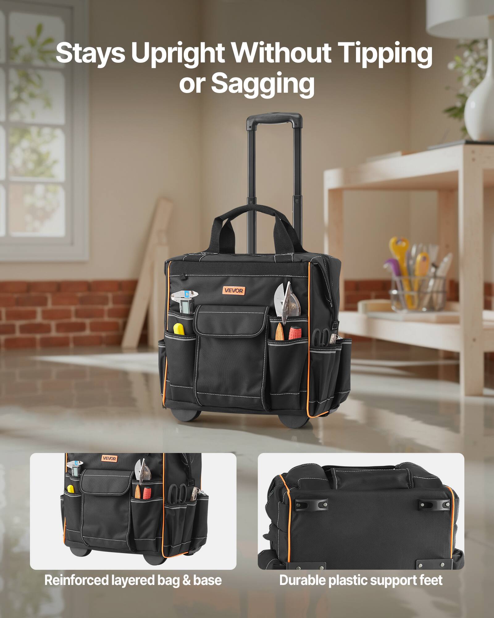 Stays Upright Without Tipping or Sagging

Reinforced layered bag & base

Durable plastic support feet