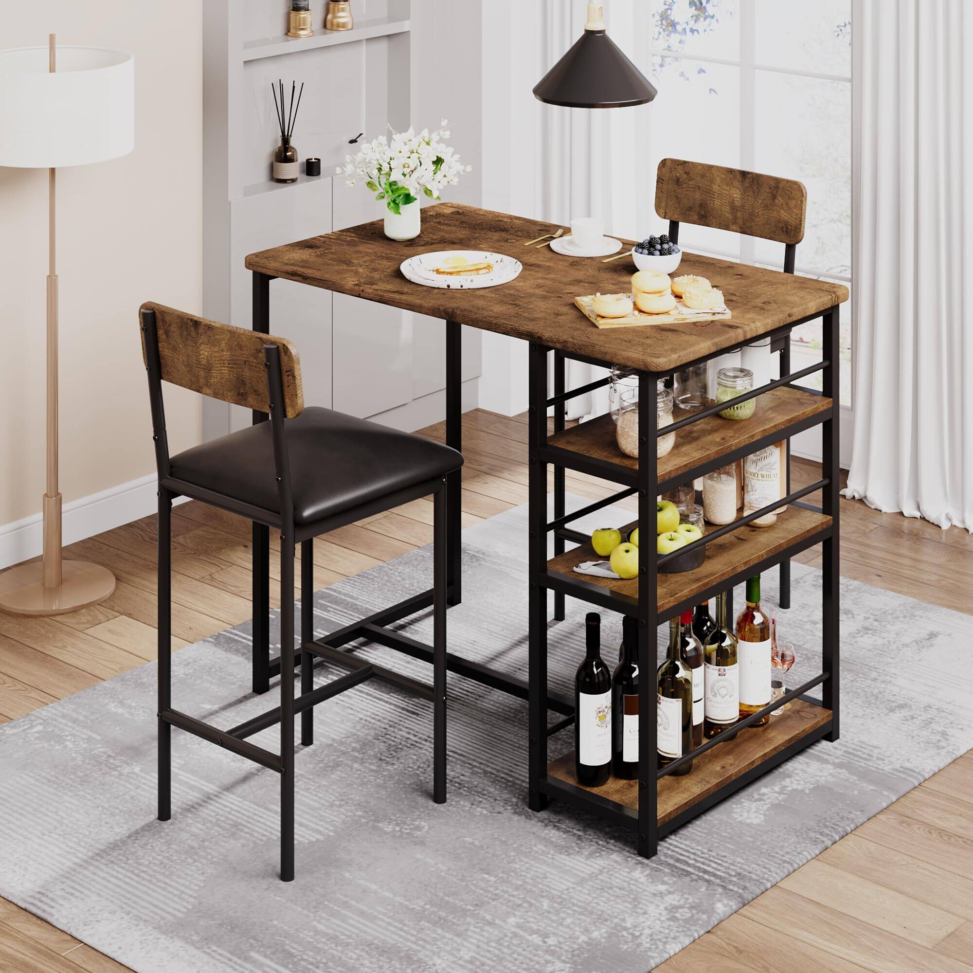 Front. Babevy - 2-Person Bar Set Black Retro - 3-Piece High Table Set with Padded Folding Stools & 3 Storage  - Brown.