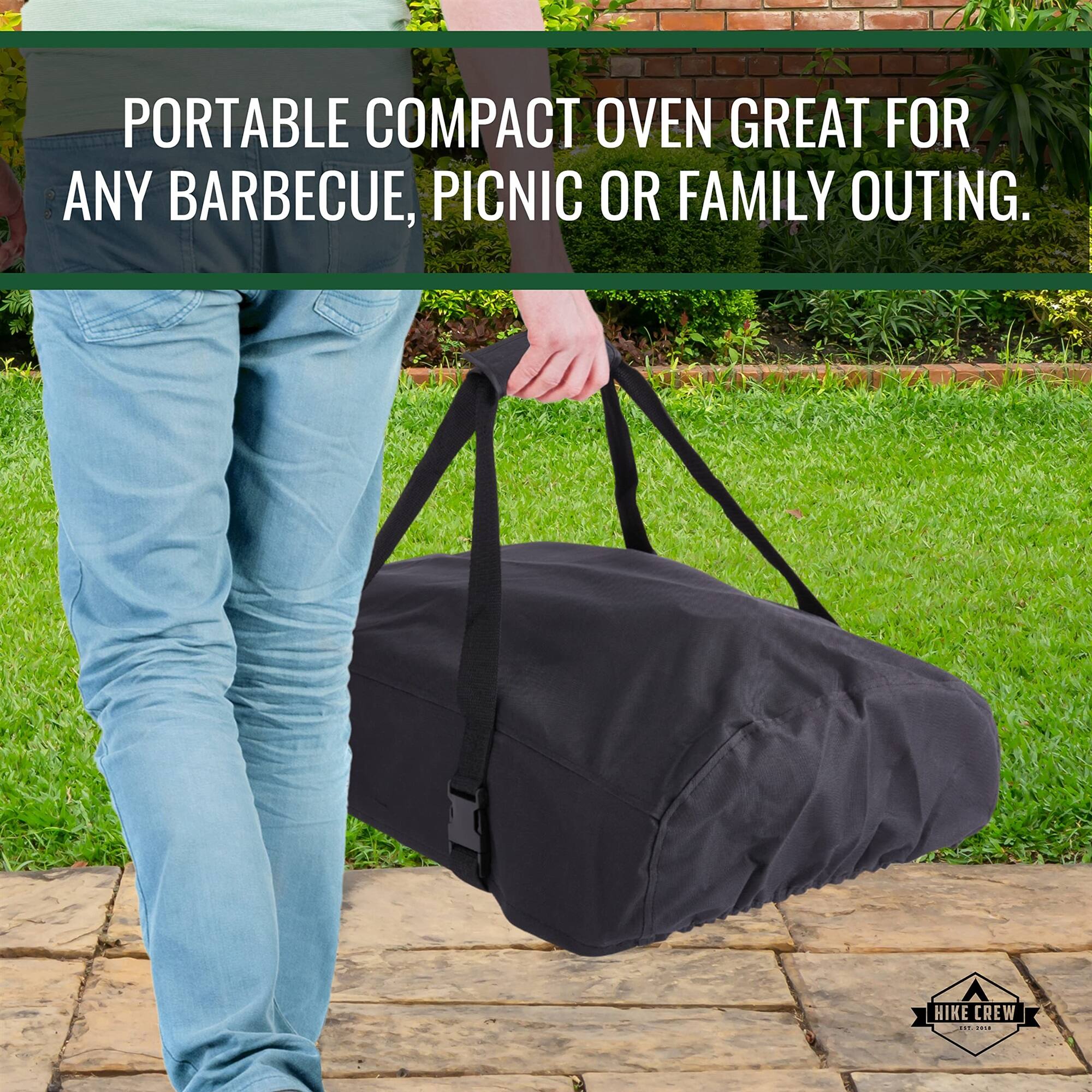 PORTABLE COMPACT OVEN GREAT FOR ANY BARBECUE, PICNIC OR FAMILY OUTING. HIKE CREW EST. 2008