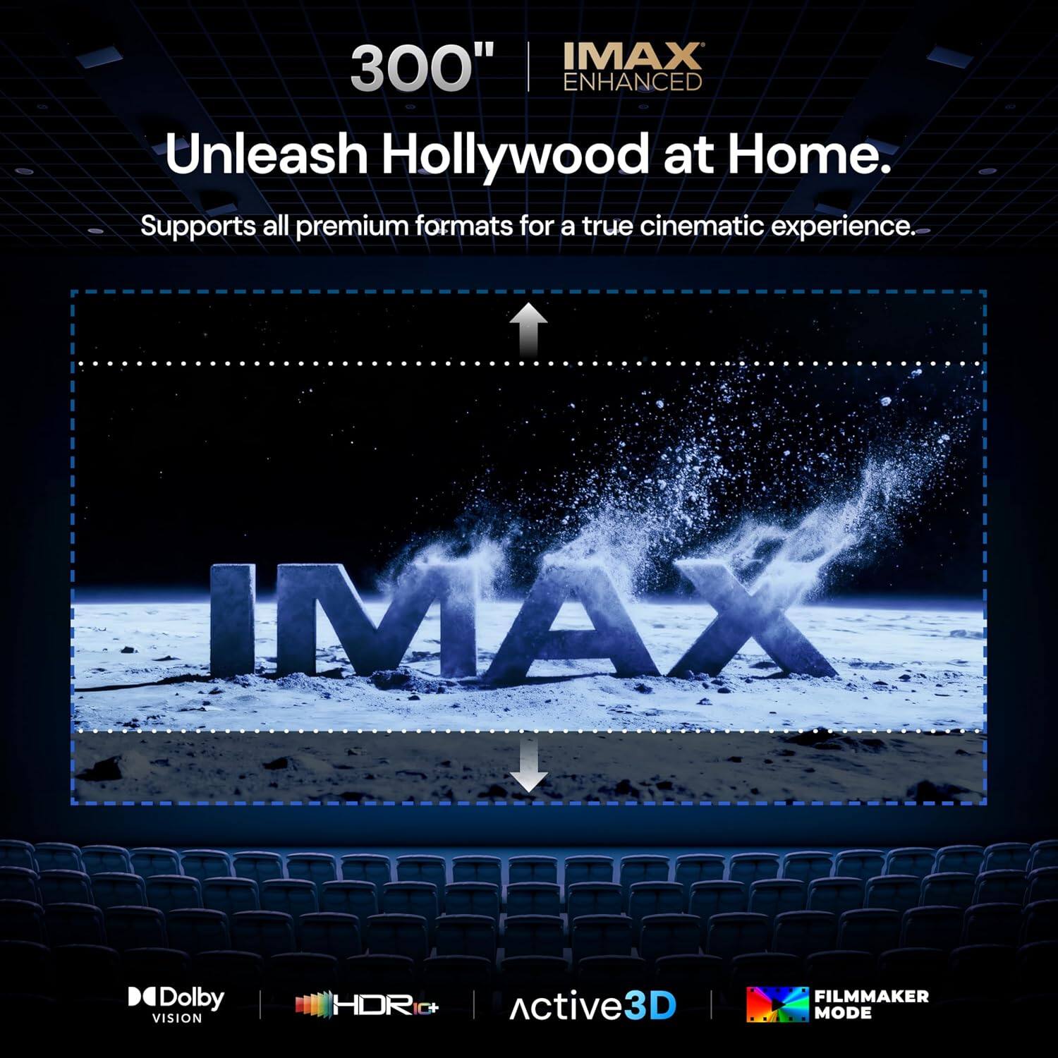 300" IMAX ENHANCED  
Unleash Hollywood at Home.  
Supports all premium formats for a true cinematic experience.  
- IMAX Dolby VISION HDR + Active3D  
- FILMMAKER MODE