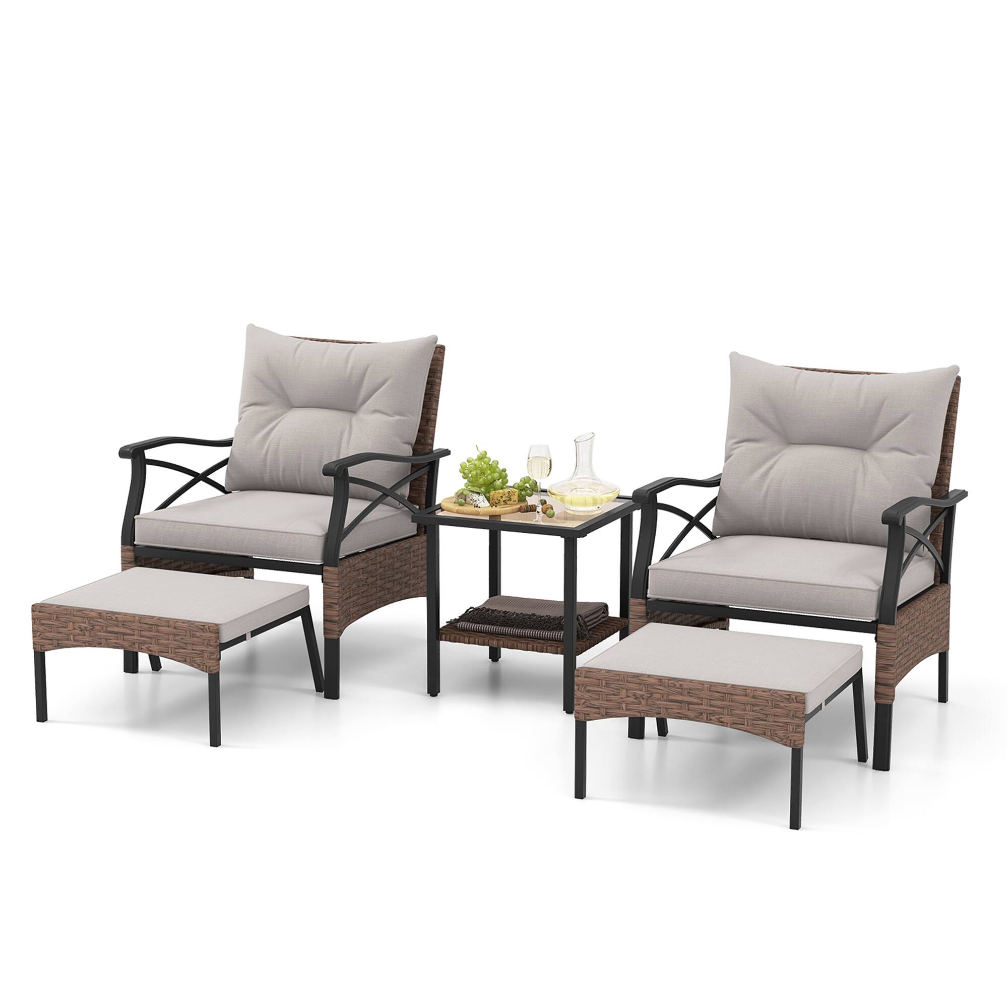 Alt View 1. Gymax - Gymax 5PCS Wicker Patio Furniture Set Rattan Chairs w/ 2-Tier Tempered Glass Side Table - Brown.