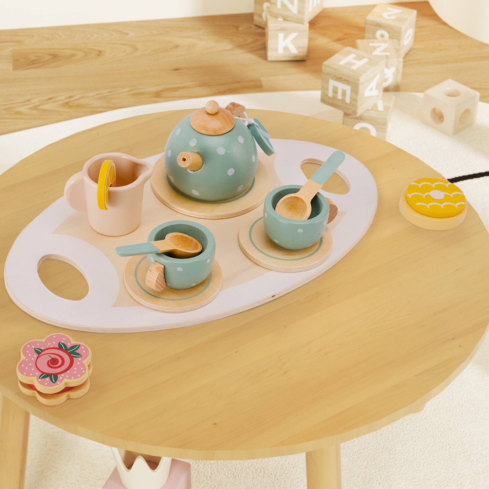 Left. Topteng - 15-Piece Wooden Tea Set for Kids - Pretend Play Tea Party with Tray, Teapot & Play Food, Toy for Kid.