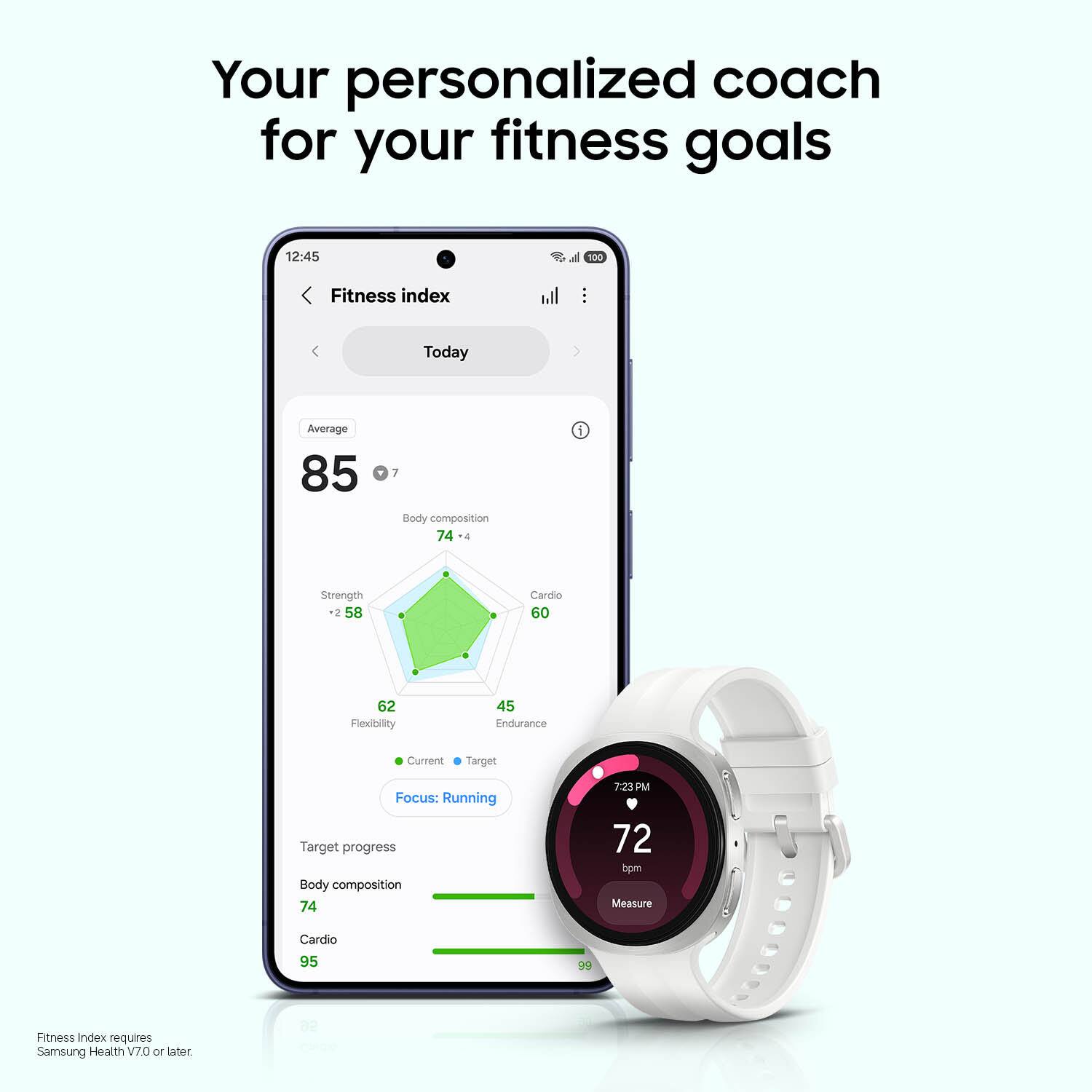 Your personalized coach for your fitness goals

12:45

Fitness index
Today

Average 85

Body composition 74 -4

Strength -2 58

Flexibility 62

Endurance 45

Cardio 60

Current Target Focus: Running

Target progress

Body composition 74

Cardio 95

99

7:23 PM 72 bpm

Measure

Fitness Index requires Samsung Health V70 or later