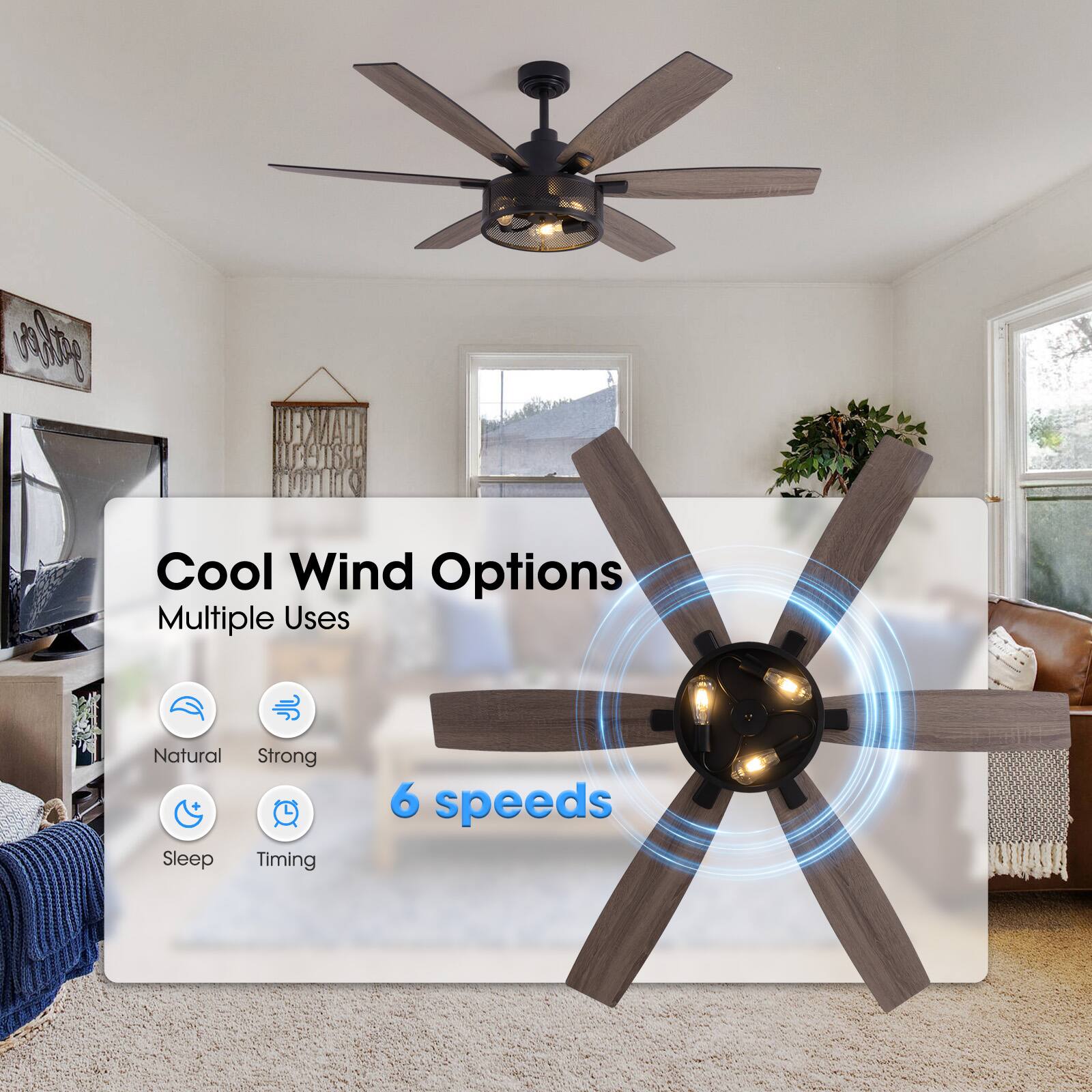 Cool Wind Options  
Multiple Uses  
6 speeds  
Natural  
Strong  
Sleep  
Timing