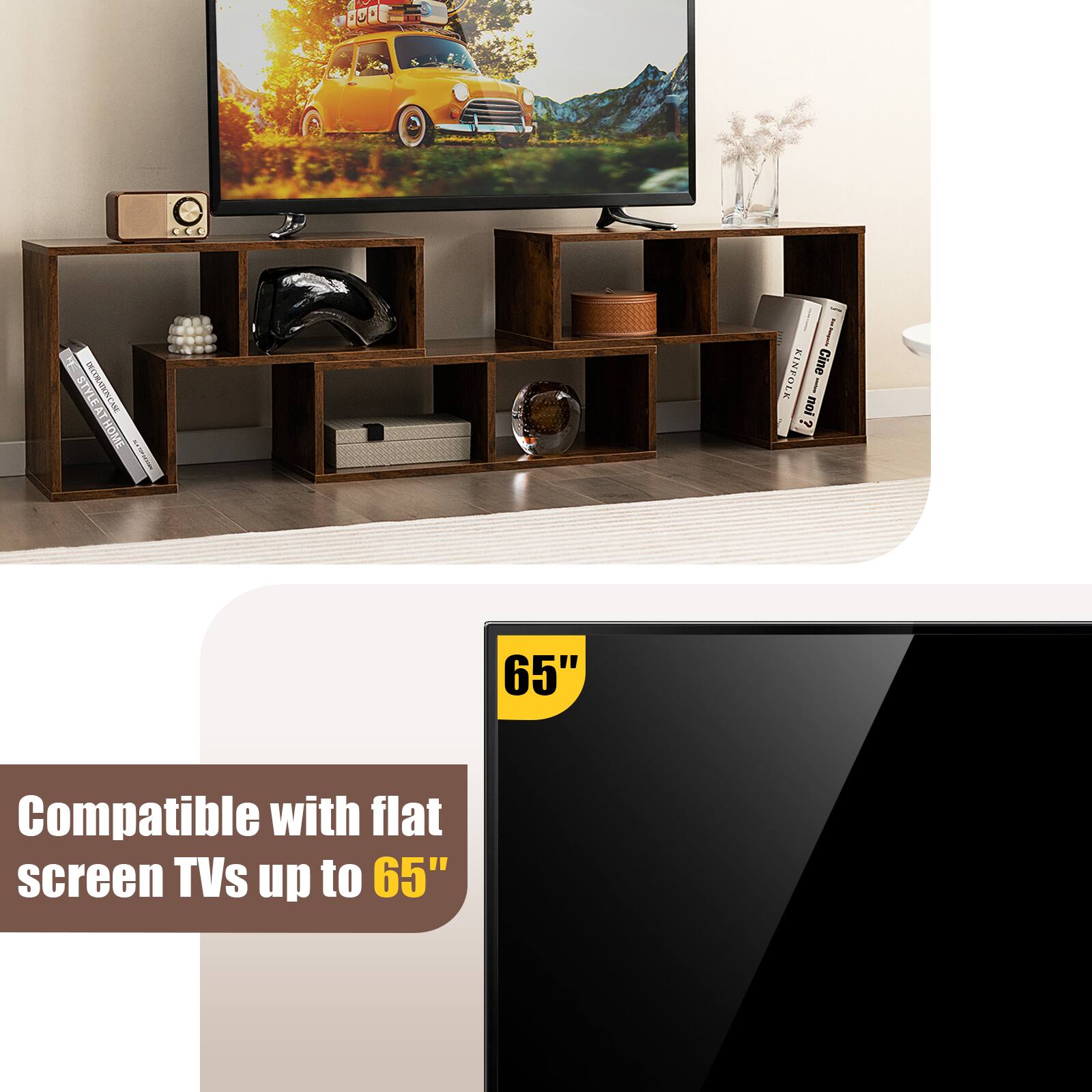 The text on the image reads: "Compatible with flat screen TVs up to 65".