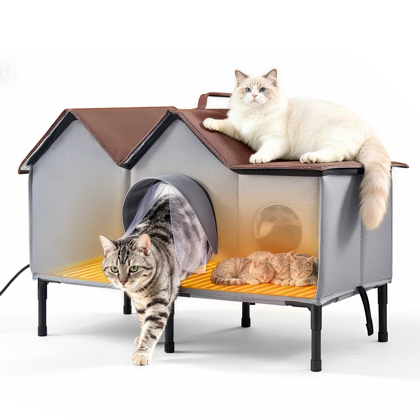 VEVOR - Elevated Heated Cat House 35W Insulated Kitty Shelter with Heated Pad, for Indoor Outdoor Winter Use, Double-Door - Gray