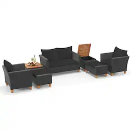 Costway - 7 PCS Patio Furniture Set with Loveseat Armchairs Ottomans & Storage Table - Black