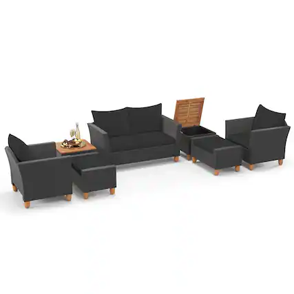 Front. Costway - Costway 7 PCS Patio Furniture Set with Loveseat Armchairs Ottomans & Storage Table - Black.