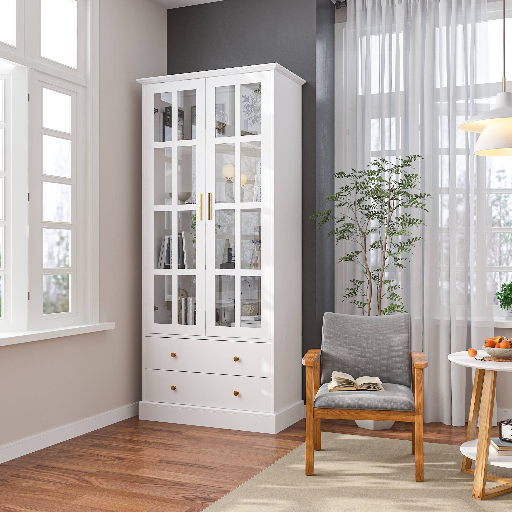 Left. FUFU & GAGA - Tempered Glass Display Cabinet with Metal Handles and Silent Drawers for Living Room or Study Storage - White.