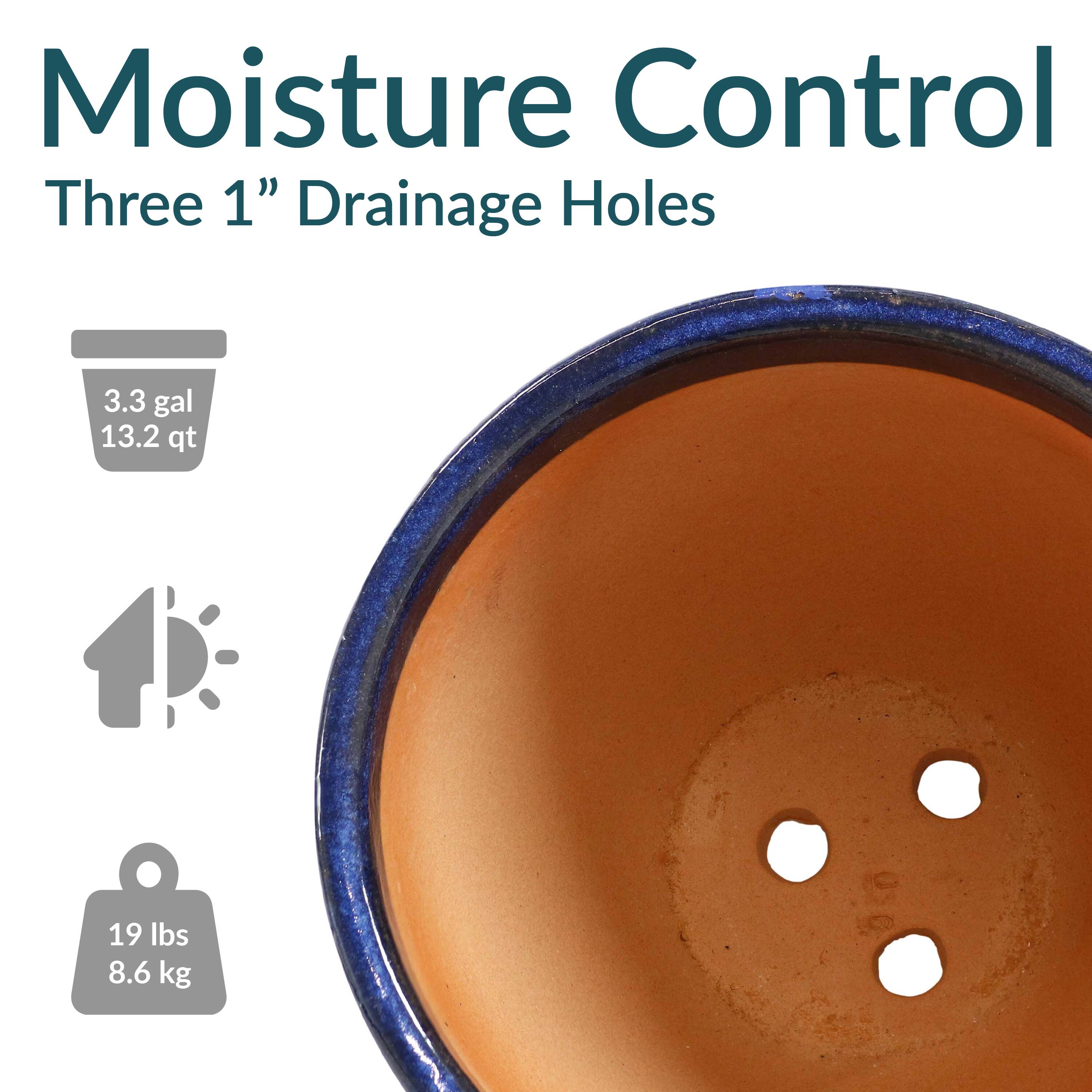 Moisture Control  
Three 1" Drainage Holes  

3.3 gal  
13.2 qt  

19 lbs  
8.6 kg