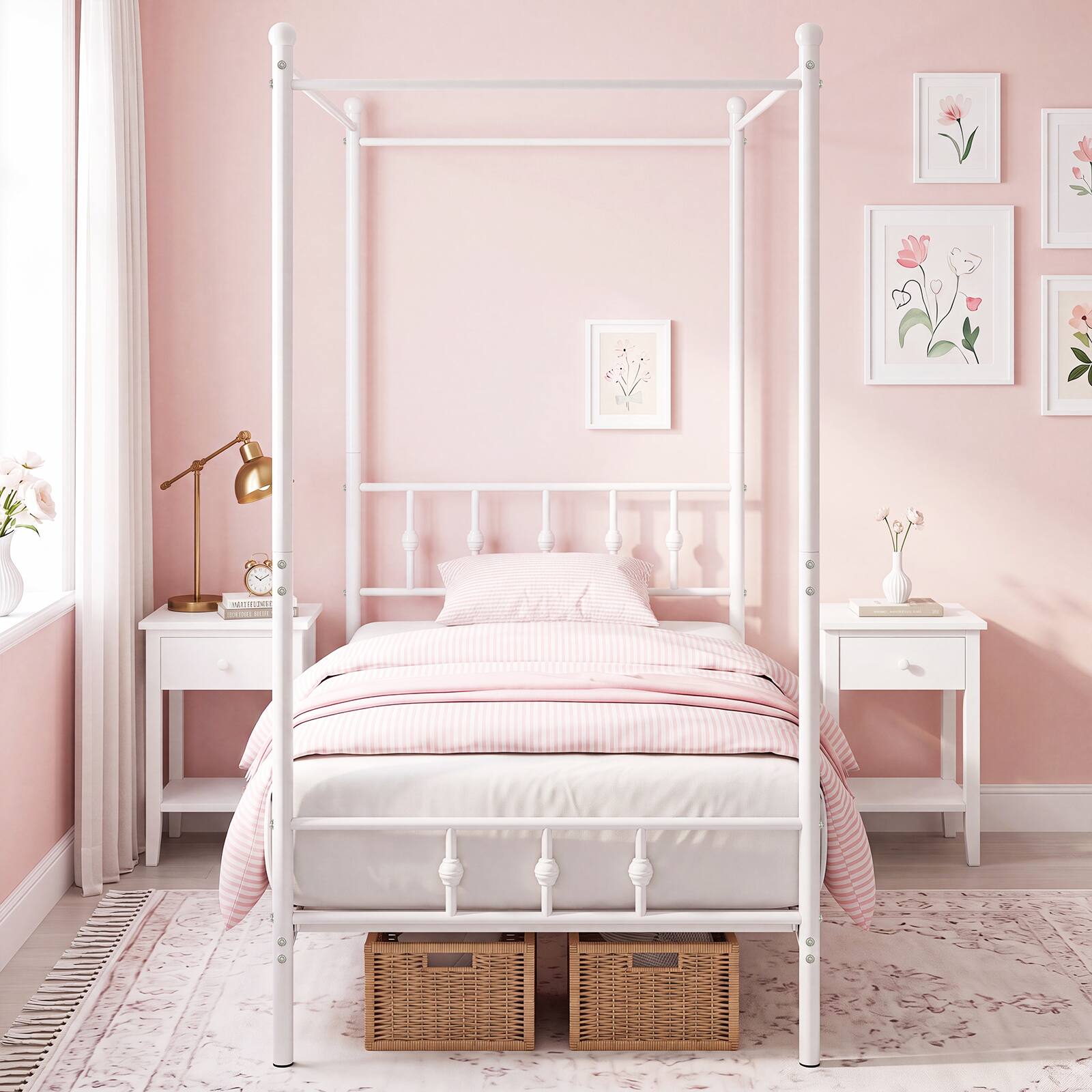 Alt View 3. Costway - Costway Twin Size Metal Canopy Bed Frame with Headboard & Footboard Metal Slat Support - White.