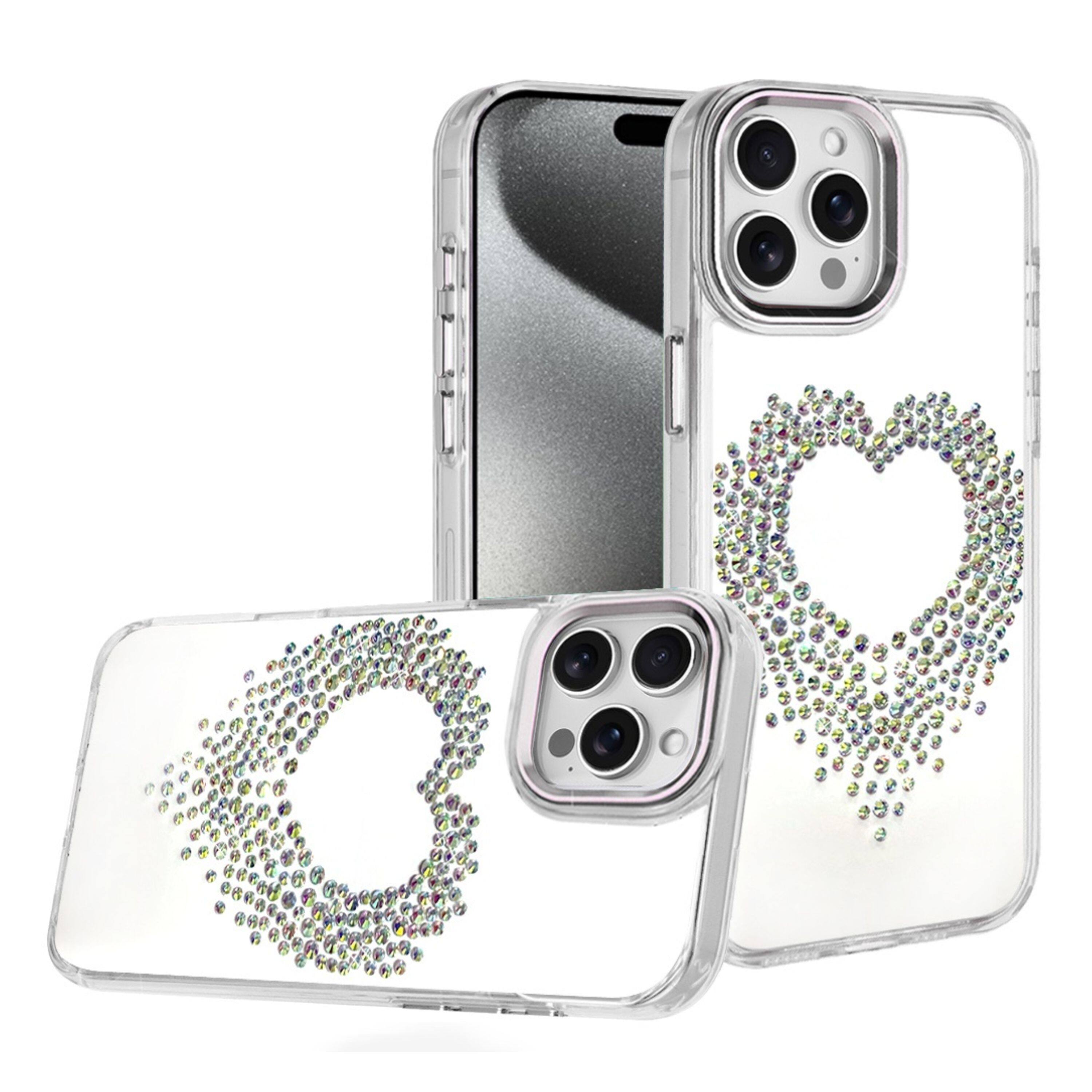 Angle. Kitcheniva - Heart Shaped Rhinestones Cover Phone Case With 2 Pcs Tempered Glass For iPhone 15 Pro Max Silver - Silver.