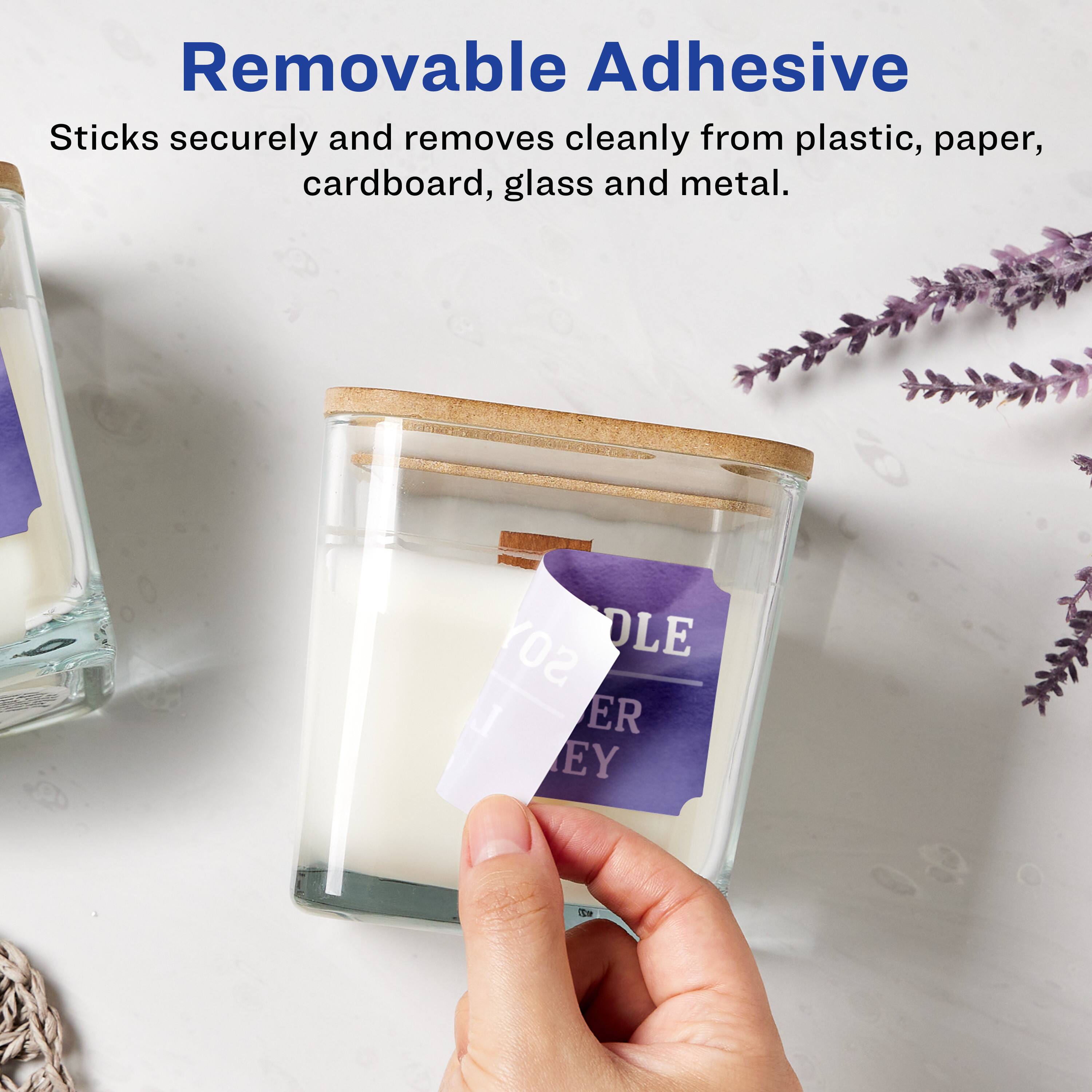 Removable Adhesive  
Sticks securely and removes cleanly from plastic, paper, cardboard, glass and metal.