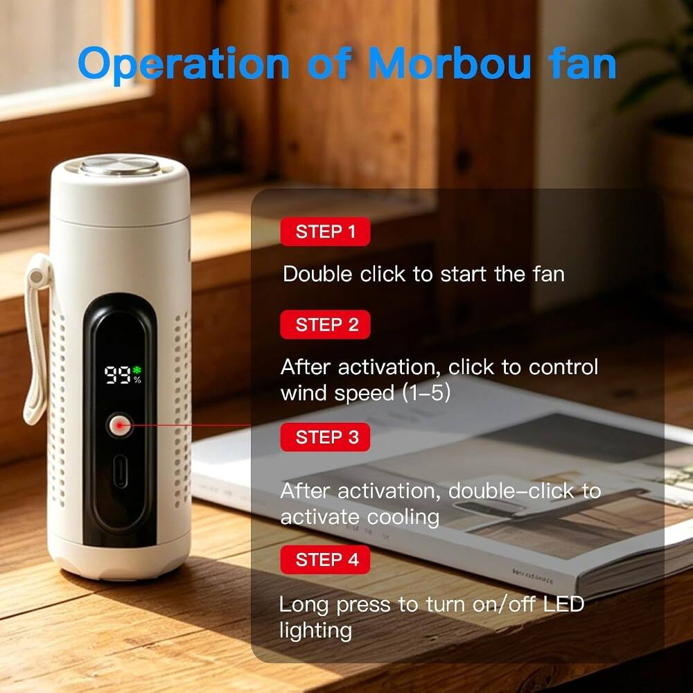 Operation of Morbou fan

STEP 1
Double click to start the fan

STEP 2
After activation, click to control wind speed (1-5)

STEP 3
After activation, double-click to activate cooling

STEP 4
Long press to turn on/off LED lighting