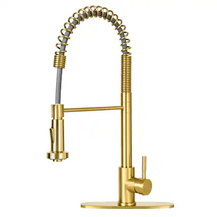 Front. Akicon - Akicon Pre-Rinse Spring Single Handle Stainless Steel Kitchen Faucet with Dual-Function Sprayer in Brushed Gold - Brushed Gold.