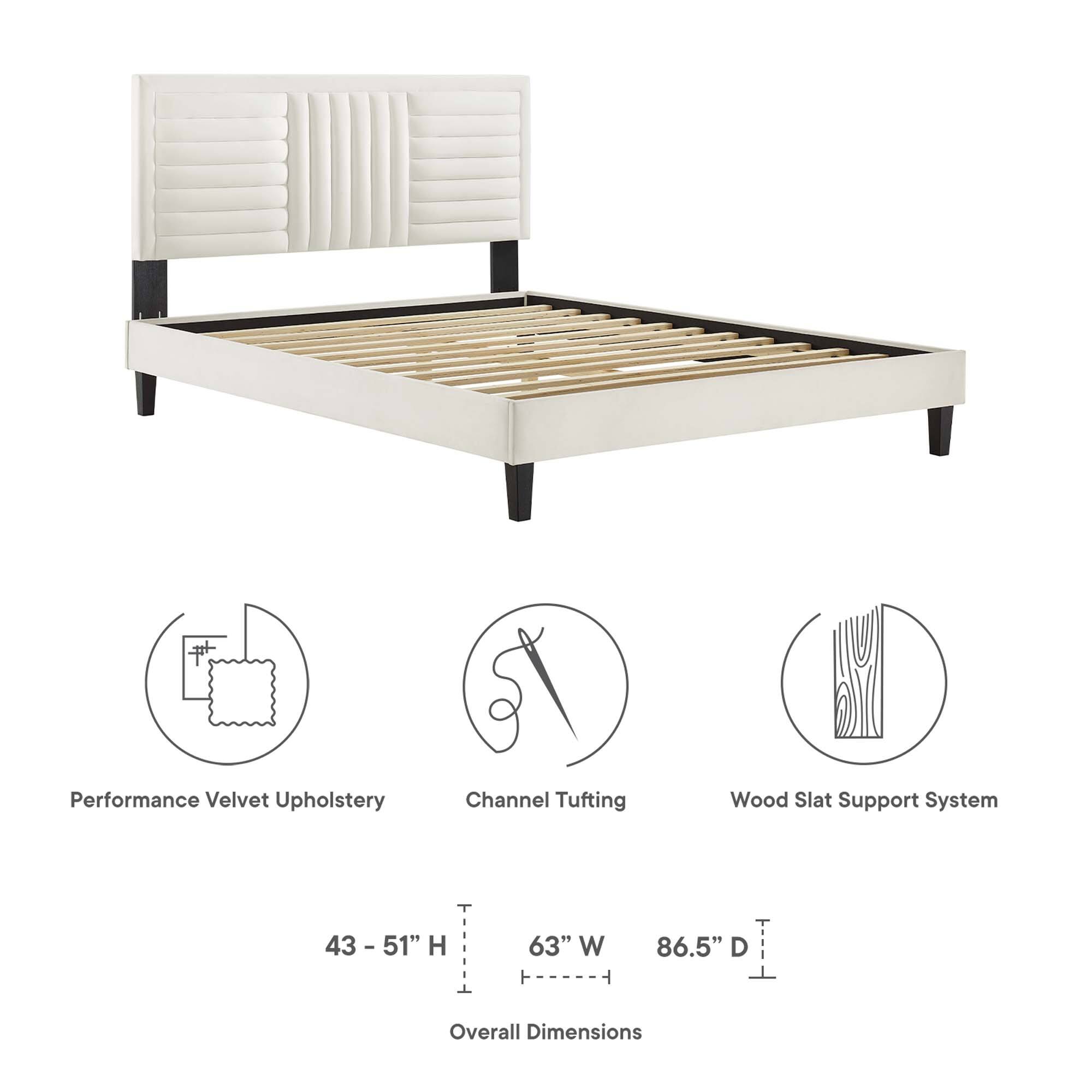 Performance Velvet Upholstery  
Channel Tufting  
Wood Slat Support System  

43 - 51" H  
63" W  
86.5" D  

Overall Dimensions