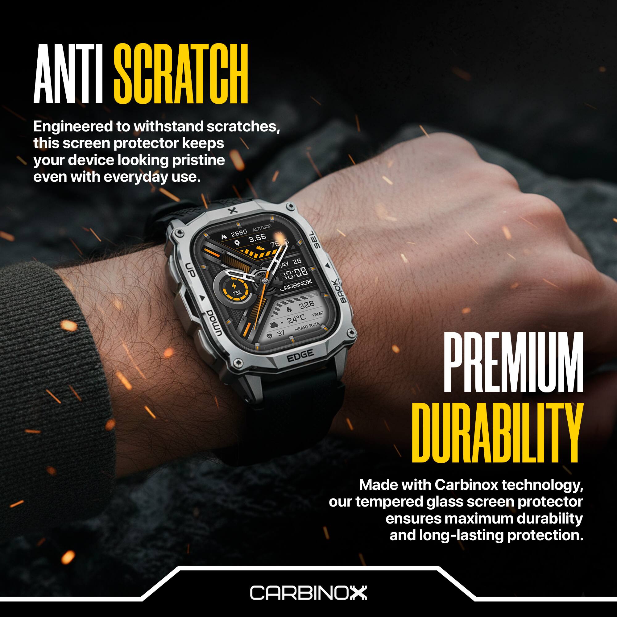 ANTI SCRATCH  
Engineered to withstand scratches, this screen protector keeps your device looking pristine even with everyday use.  

PREMIUM DURABILITY  
Made with Carbinox technology, our tempered glass screen protector ensures maximum durability and long-lasting protection.  

CARBINOX
