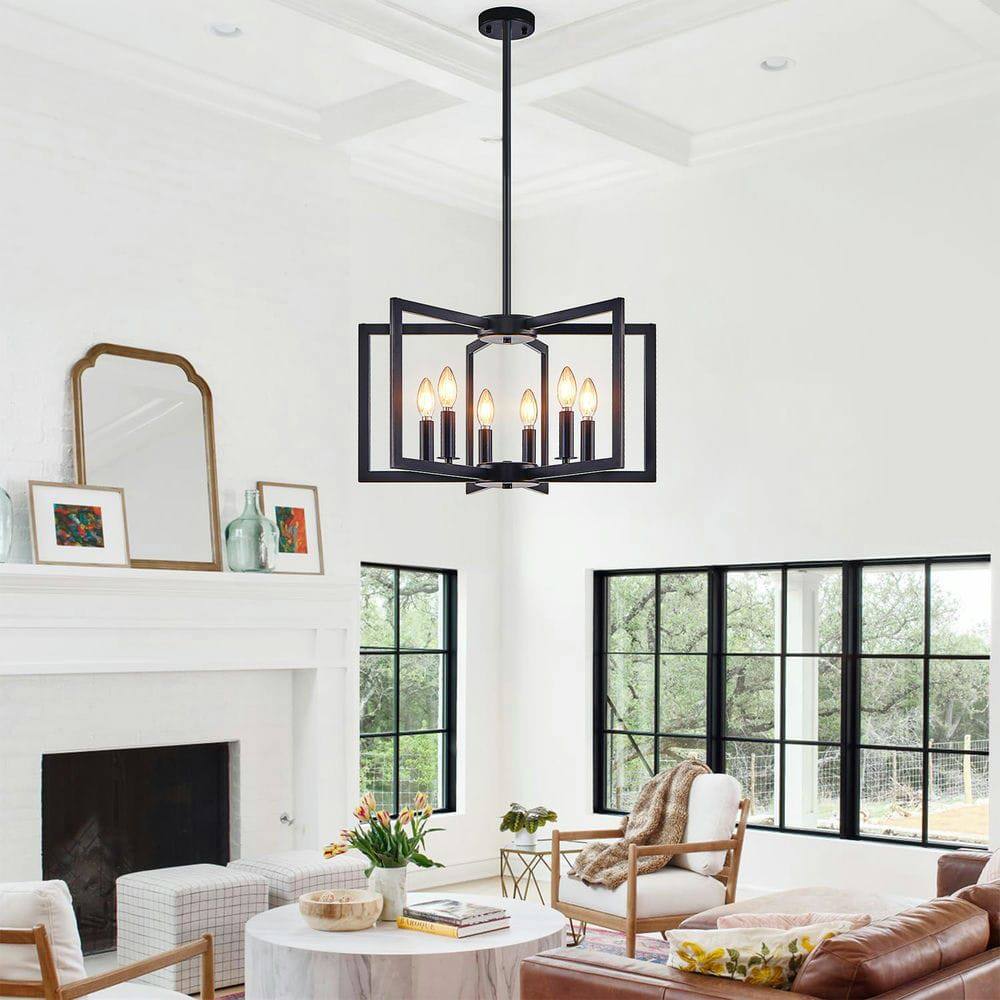 Alt View 6. Kadyn - 22" Modern Black Geometric 6-Light Chandelier – Industrial Metal Pendant Light Fixture, Black - Black.