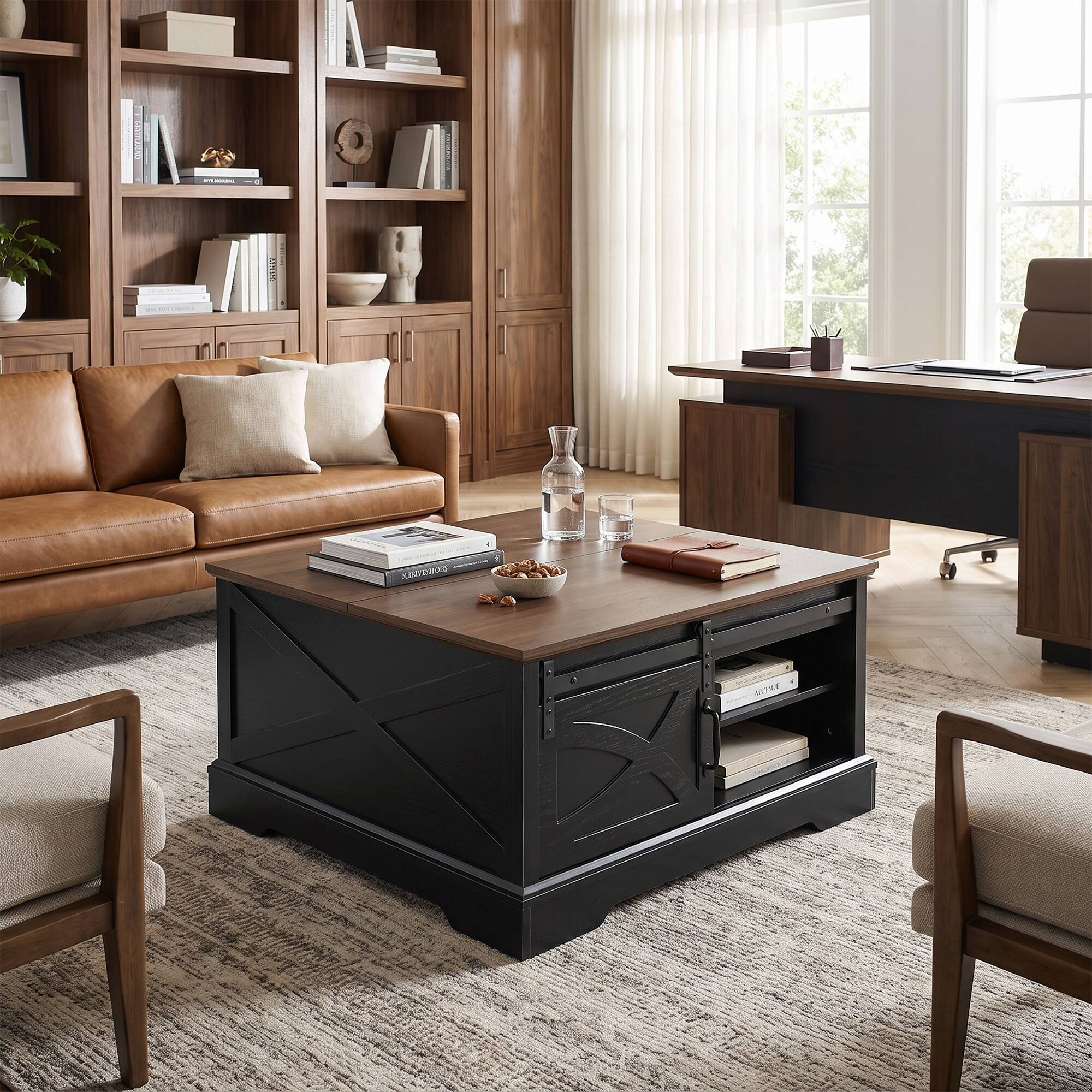 Left. Ihomeadore - 31.5" Farmhouse Wood Square Lift-Top Coffee Table with Sliding Barn Door and Storage - Black.