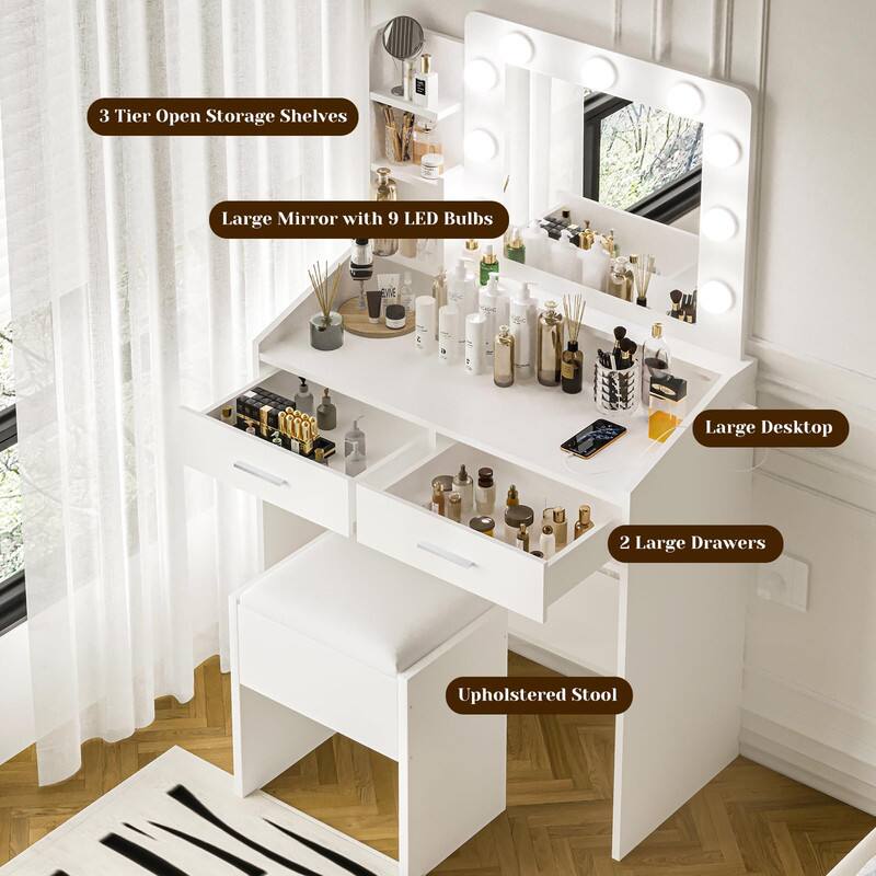 3 Tier Open Storage Shelves  
Large Mirror with 9 LED Bulbs  
Large Desktop  
2 Large Drawers  
Upholstered Stool