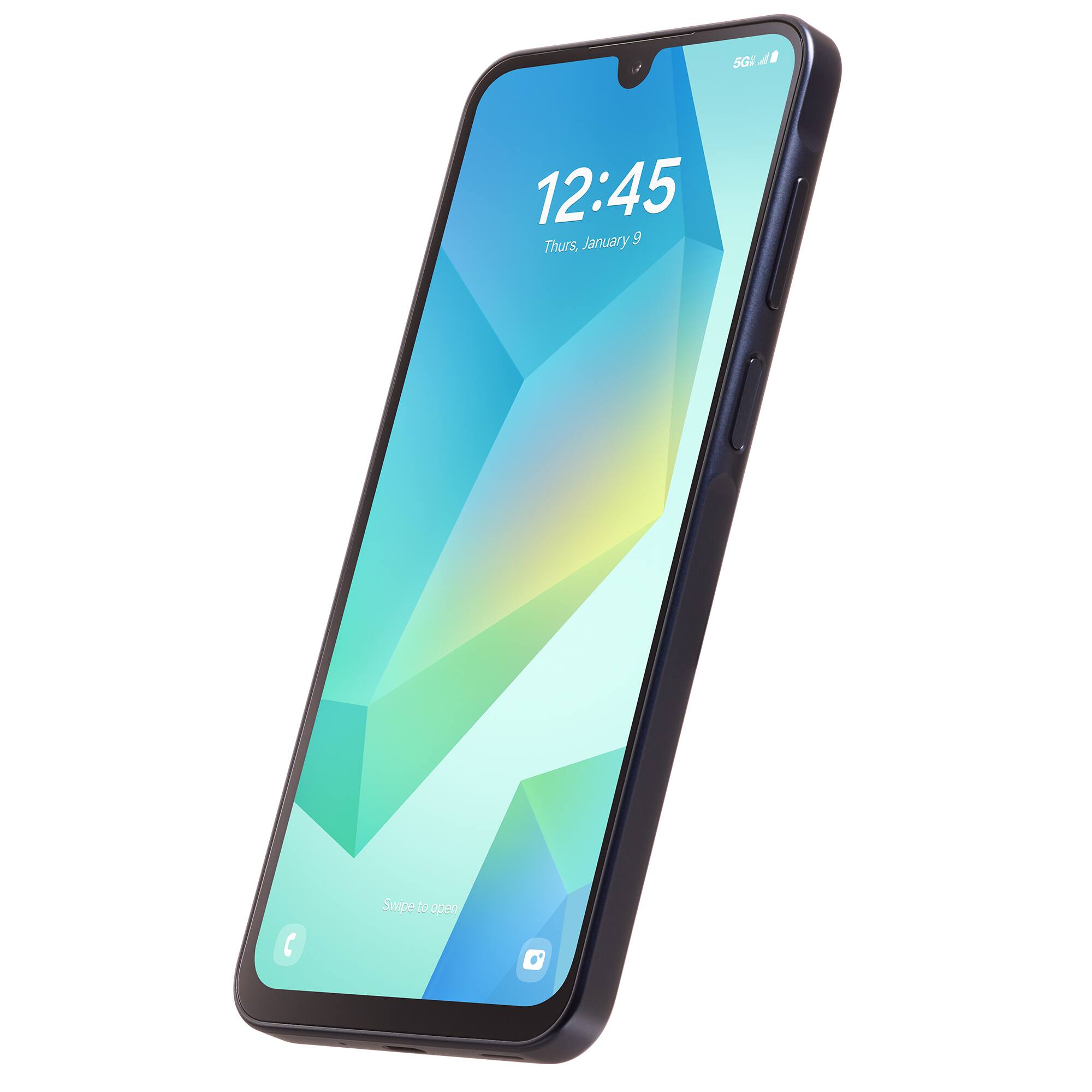 The image shows a cell phone with the time 12:45 displayed on the screen. The date is January 9th, and it is a Thursday. The phone is turned on, and the user can swipe to open the device.