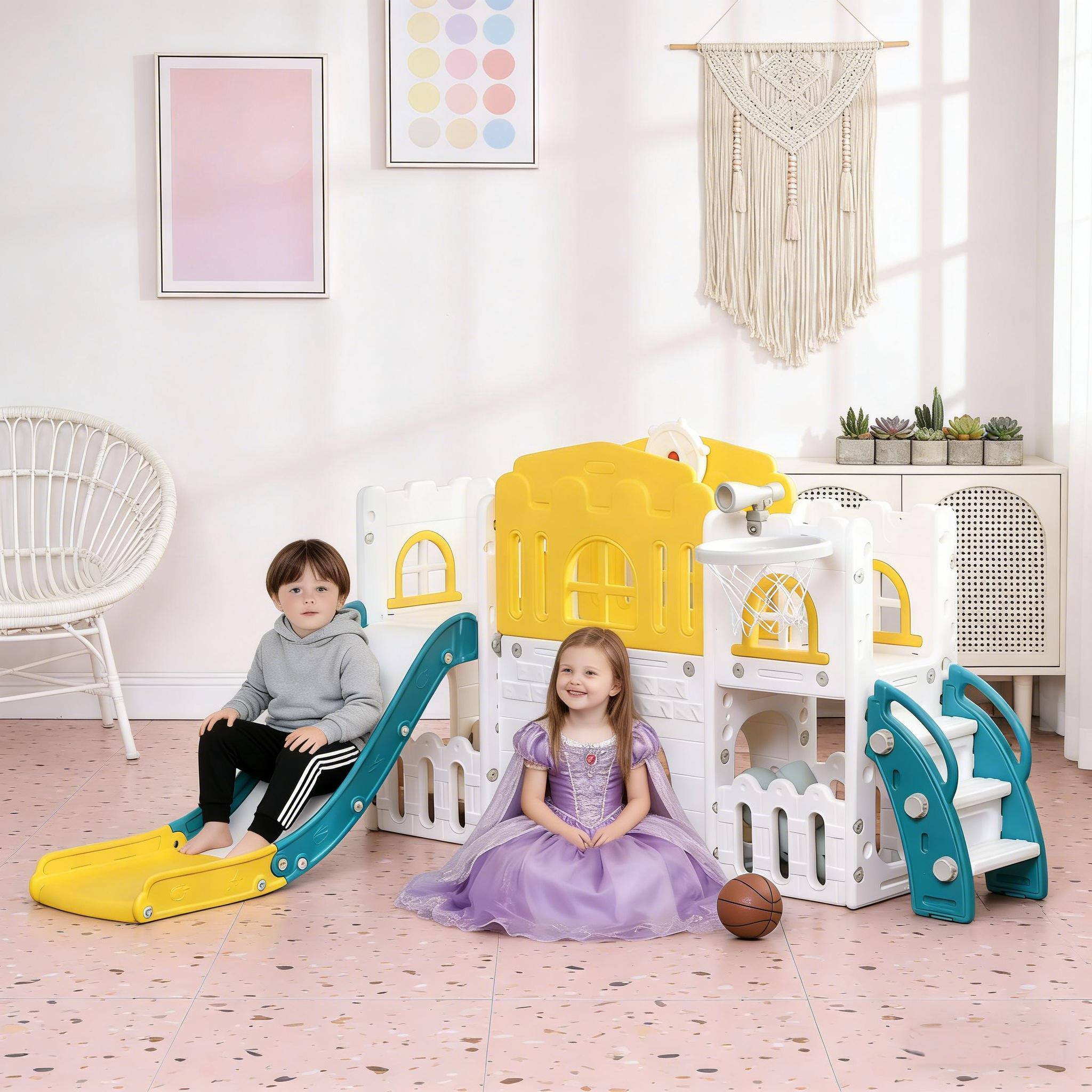 Siljoy - 8-in-1 Toddler Slide Indoor, Play Center with Basketball, Tunnel, Storage, for Ages 1-3, 66 lb Capacity - Green,White,Yellow price history on PriceWatchPro
