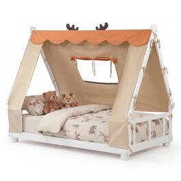 Gymax - Twin Size House Floor Bed w/ TentWood Bed Frame w/ Roof Window & Fence Rails Orange - White