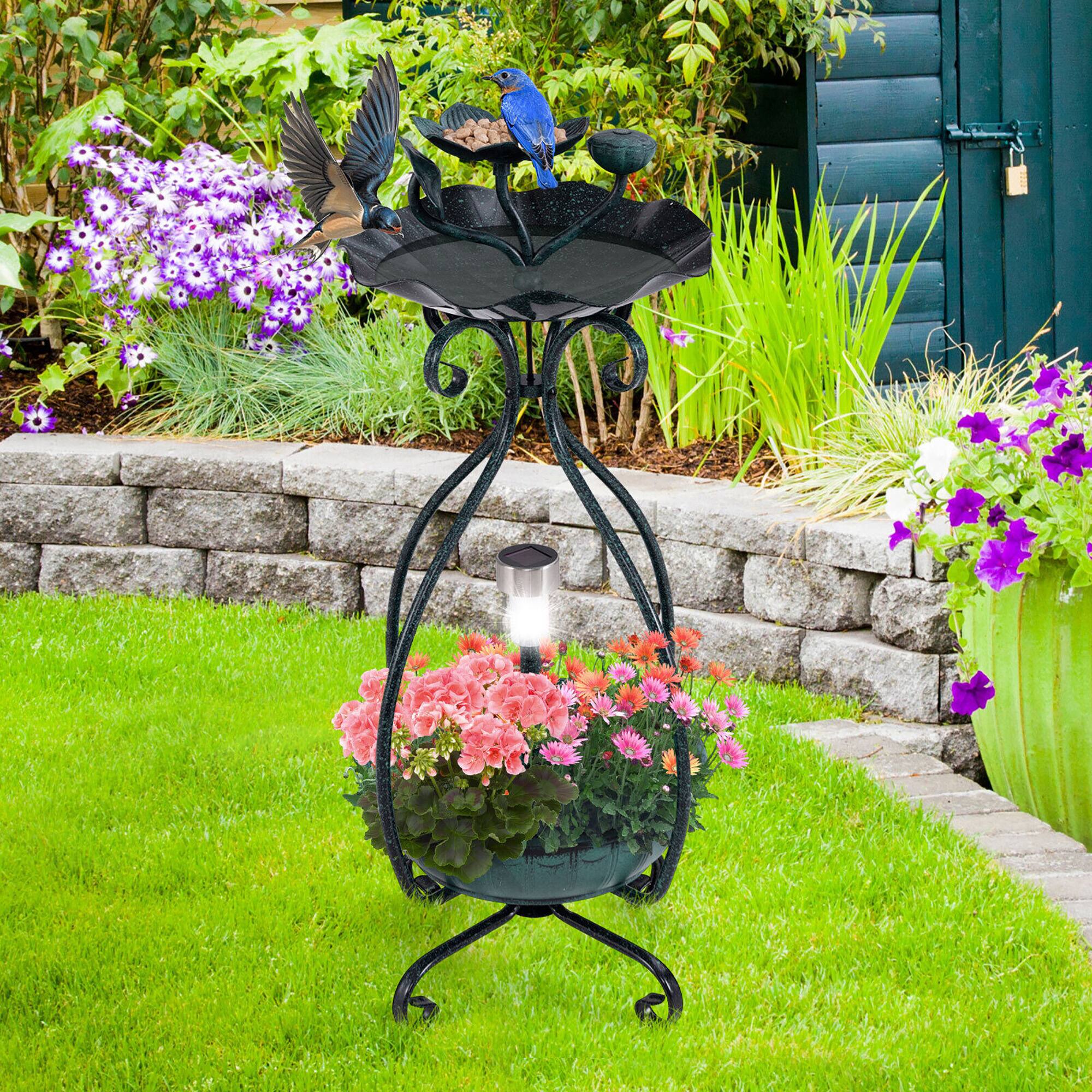 Alt View 1. Gymax - Gymax Solar Outdoor Bird Bath & Feeder Combo w/ Flower Planter Pedestal & Solar Lights Bronze - Bronze.