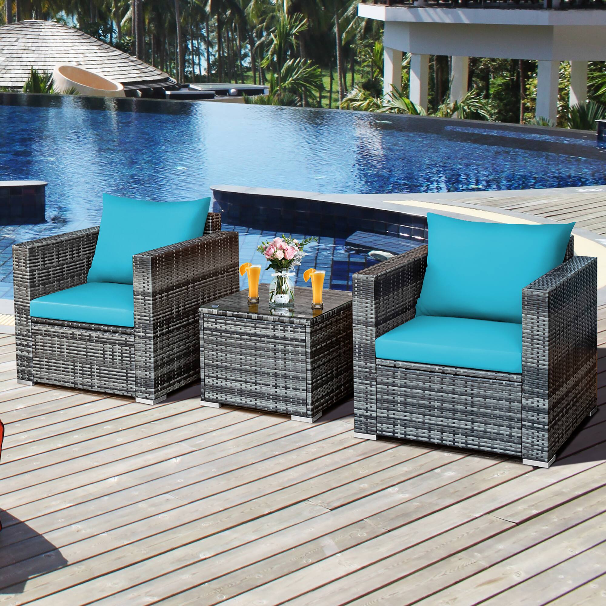 Alt View 4. Costway - 3 PC Patio Rattan Furniture Bistro Set Cushioned Sofa Chair - Turquoise.