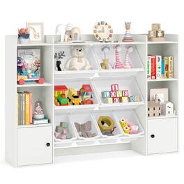 Costway - Kids Toy Storage and Bookshelf with 8 Boxes Open Shelves & 2 Single-door Cabinets - White