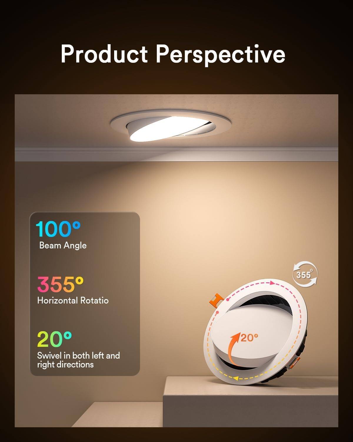 Product Perspective

- Beam Angle: 100°
- Horizontal Rotation: 355°
- Swivel in both left and right directions: 20°