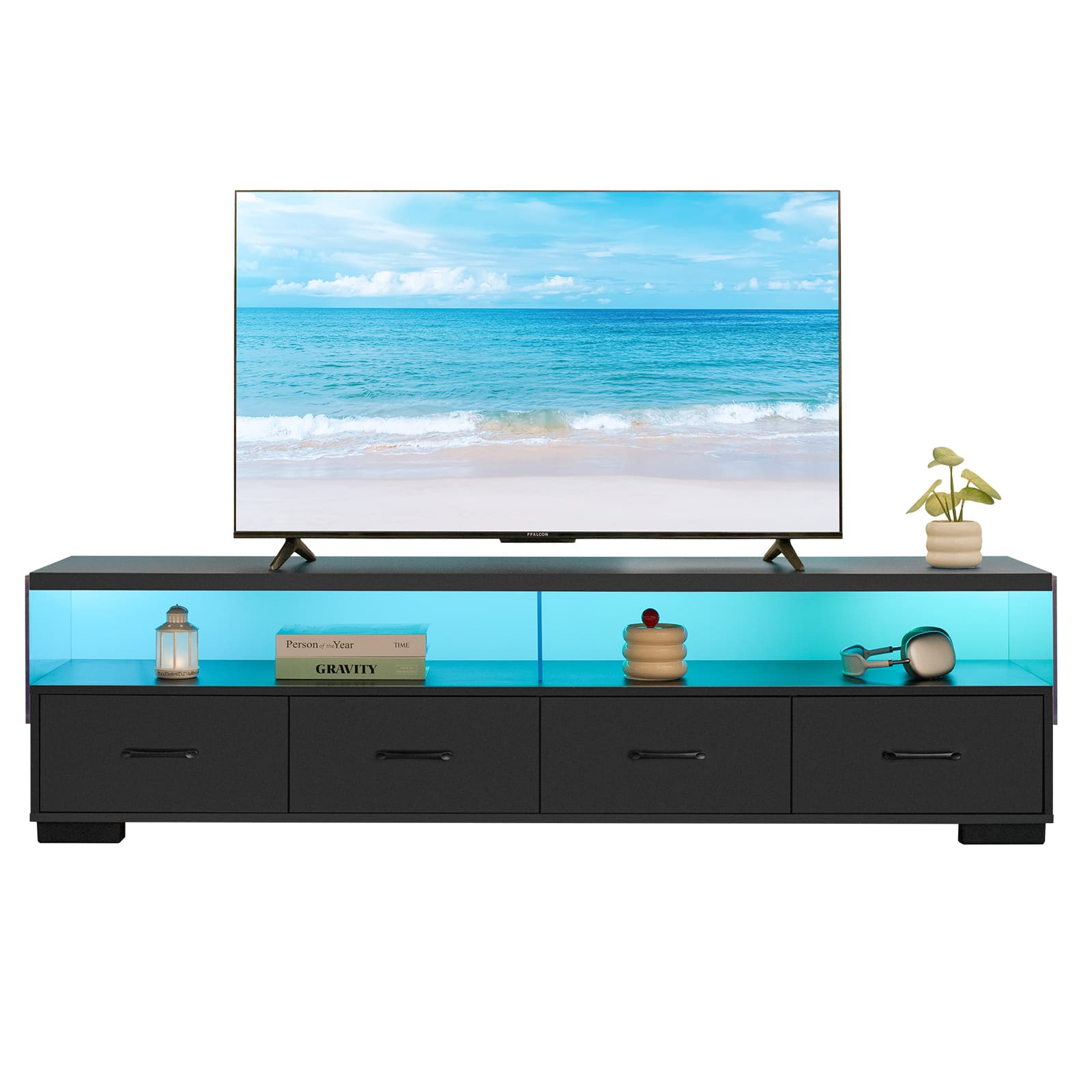 APRILSOUL - 4-Drawer TV Stand for TV's up to 80Inch Flat Screen Cabinet Door Living Room Storage Entertainment Center - Black