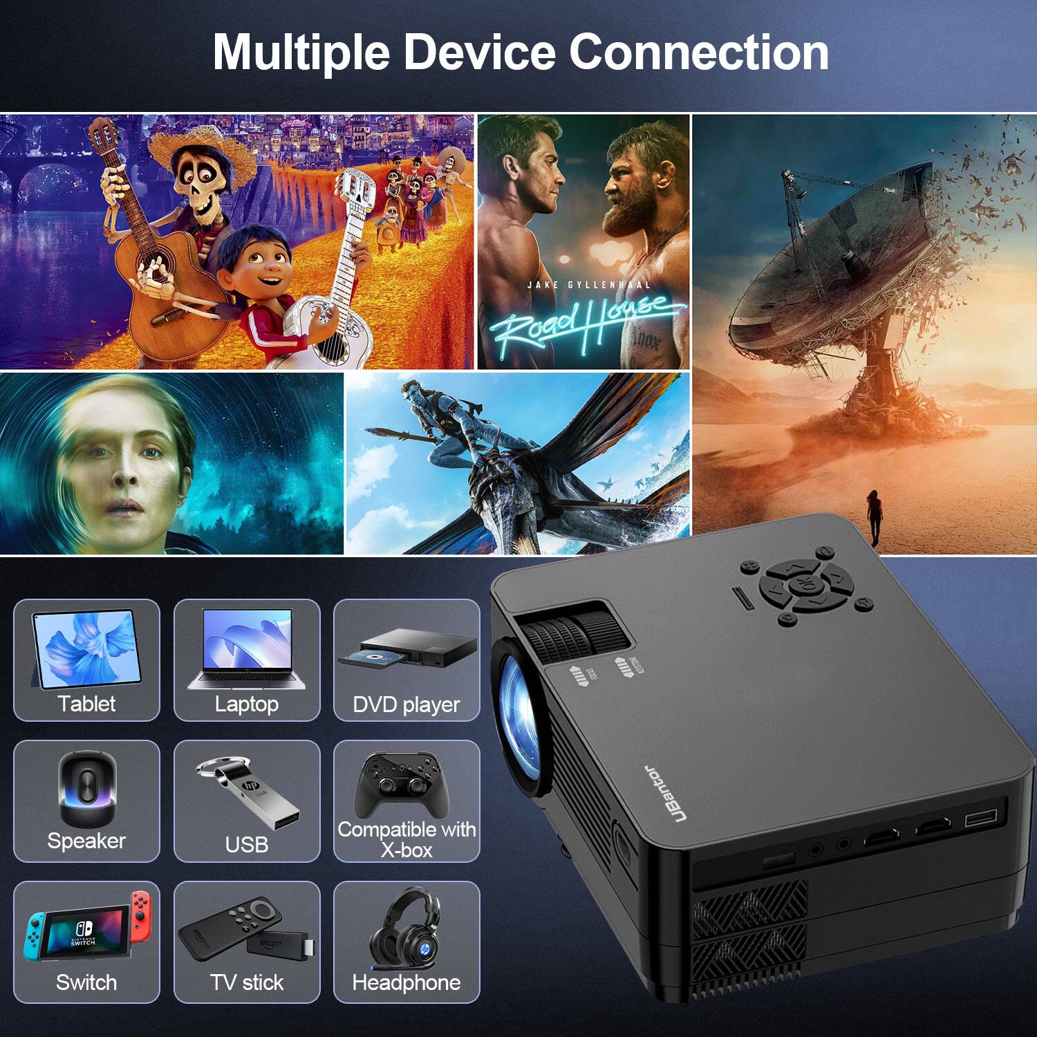 Multiple Device Connection

- Tablet
- Laptop
- DVD player
- Speaker
- USB
- Compatible with X-box
- Switch
- TV stick
- Headphone