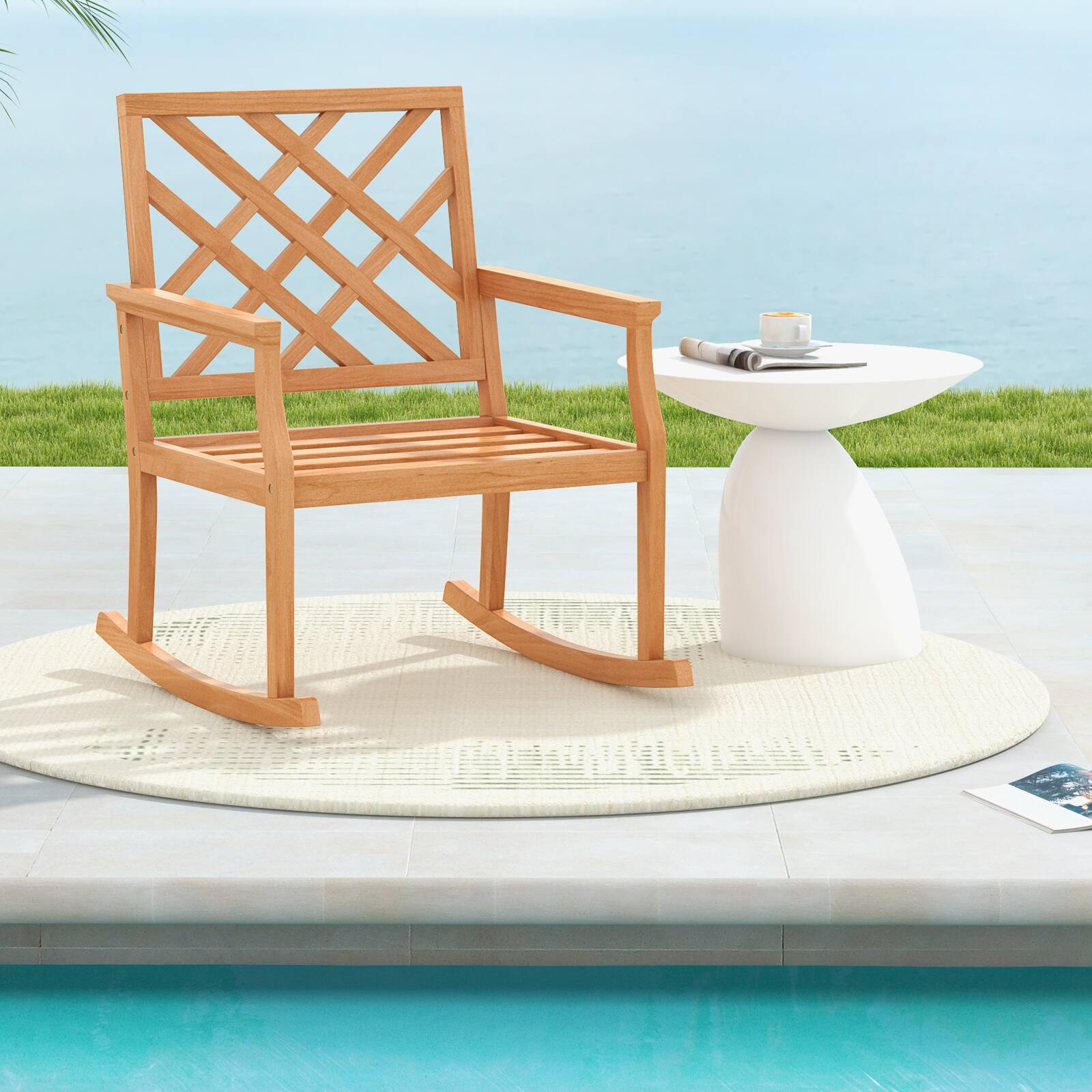Alt View 3. Costway - Costway 1 PCS Teak Wood Rocking Chair with Backrest and Slatted Seat Backyard and Lawn - Natural.