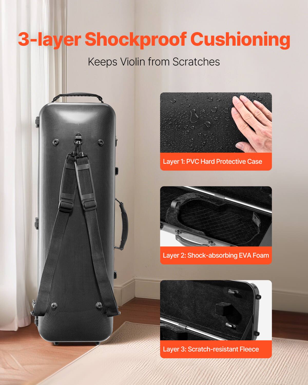 3-layer Shockproof Cushioning  
Keeps Violin from Scratches  

Layer 1: PVC Hard Protective Case  

Layer 2: Shock-absorbing EVA Foam  

Layer 3: Scratch-resistant Fleece