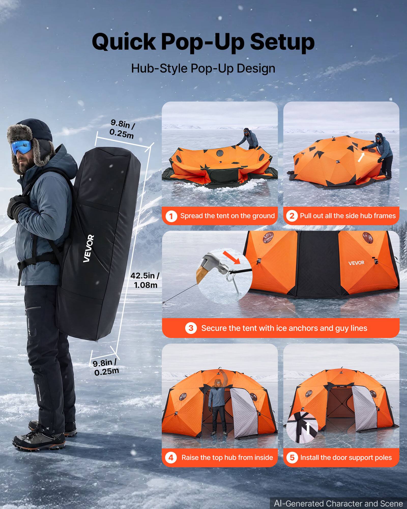 Quick Pop-Up Setup  
Hub-Style Pop-Up Design

9.8in / 0.25m  
42.5in / 1.08m

1. Spread the tent on the ground  
2. Pull out all the side hub frames  
3. Secure the tent with ice anchors and guy lines  
4. Raise the top hub from inside  
5. Install the door support poles  

VEVOR  

AI-Generated Character and Scene