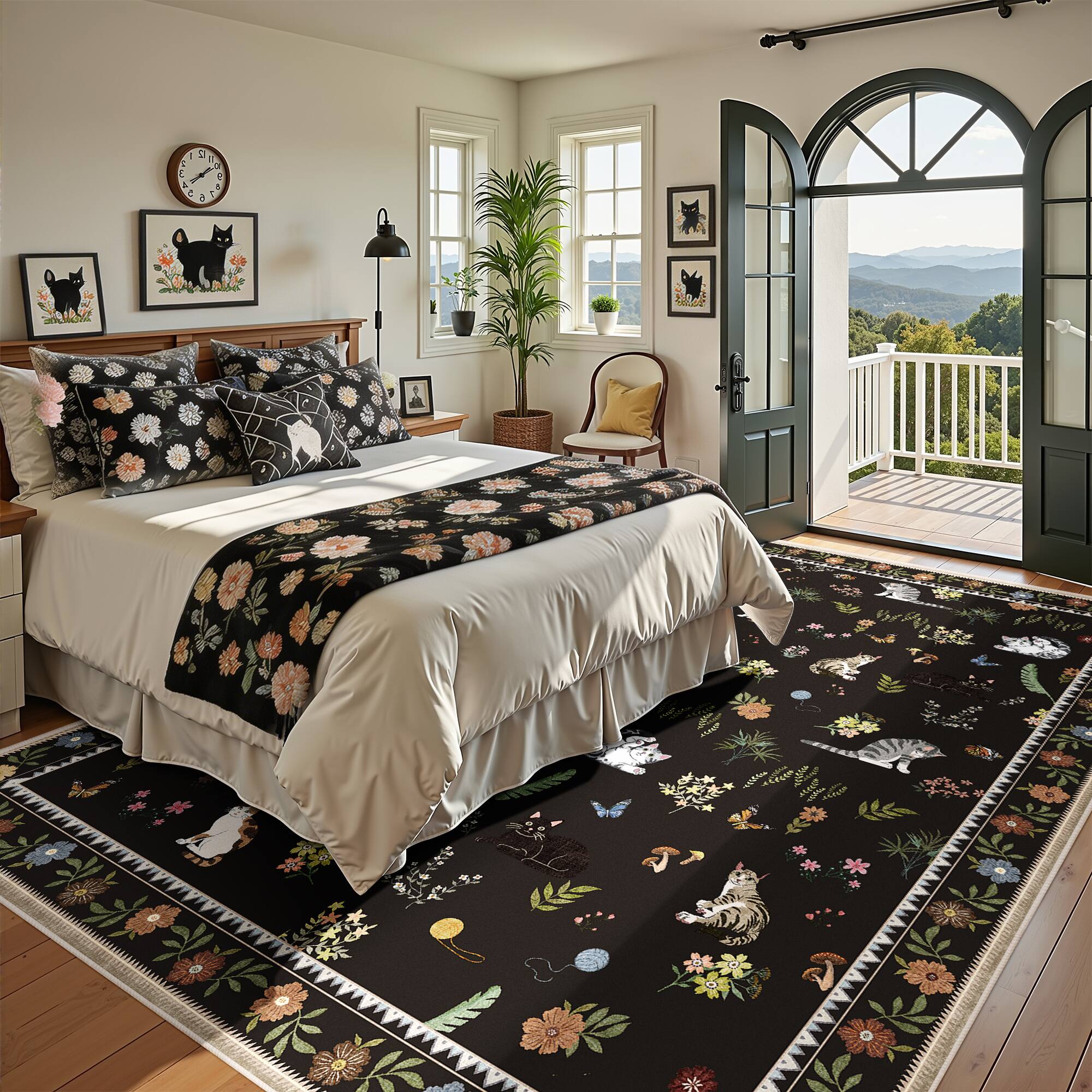 Alt View 3. KERDOM - 8x10' Extra Large Area Rug, Cat-Themed Floral Carpet for Living Room & Master Bedroom, Rubber Backing, Machine Washable - Black.