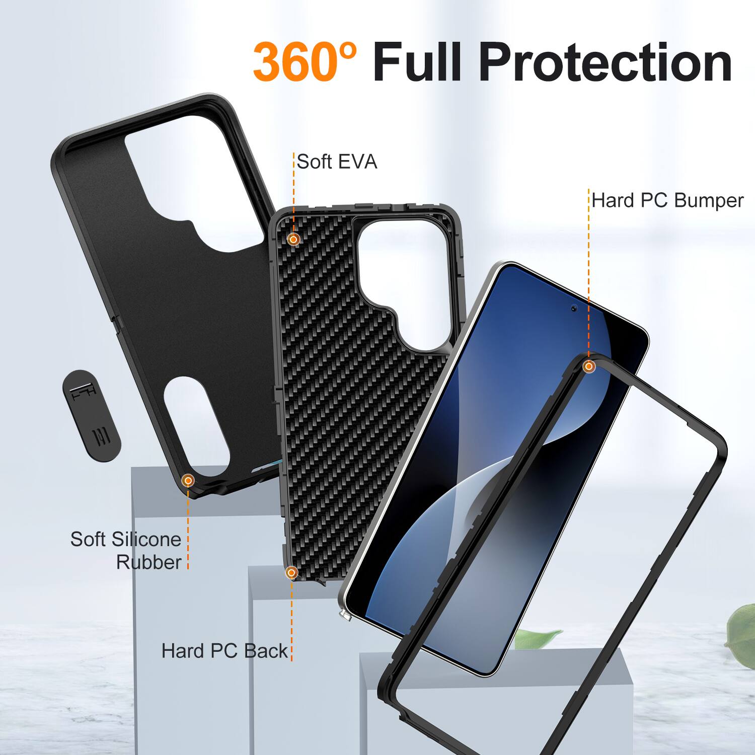 360° Full Protection

- Soft EVA
- Hard PC Bumper
- Soft Silicone Rubber
- Hard PC Back
