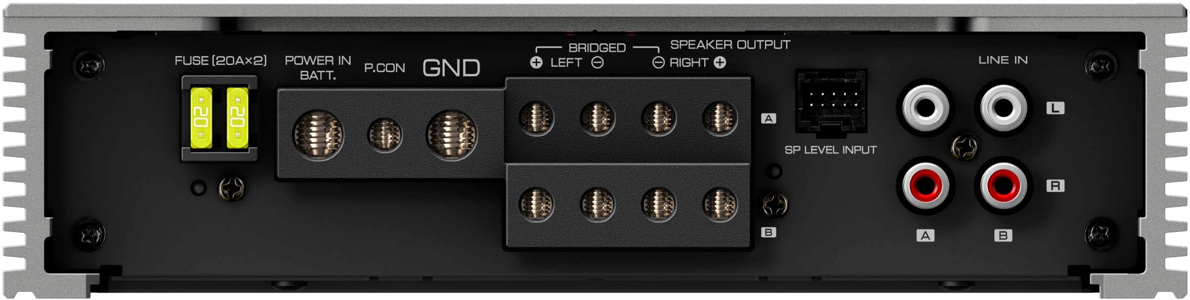 The text on the image reads: "X FUSE (20Ax2) POWER IN P.CON GND BATT. BRIDGED + LEFT SPEAKER OUTPUT RIGHT + LINE IN A L SP LEVEL INPUT R B A." This text is describing the various inputs and outputs of an audio device. The device has a power input, a ground connection, and a bridge connection. It also has multiple speaker outputs, including a left and a right channel. Additionally, there is a line input for connecting external audio sources. The device also has a level control for adjusting the volume of the audio output.
