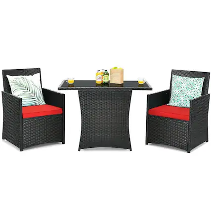 Front. Kadyn - 4 Pieces Patio Rattan Furniture Set, Outdoor Furniture Garden Conversation Sets with Storage Shelf Cushion-Black - Red.
