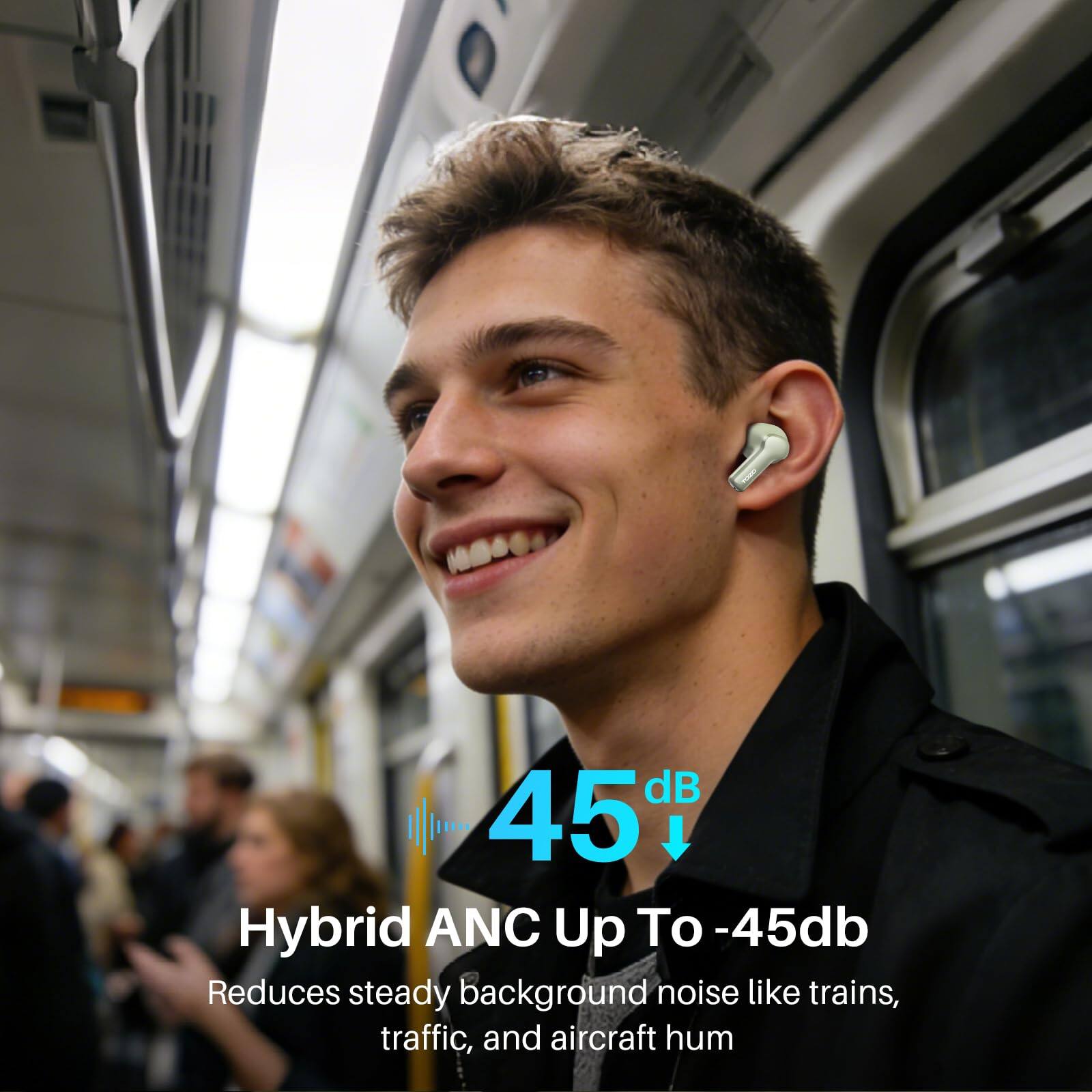 45 dB  
Hybrid ANC Up To -45db  
Reduces steady background noise like trains, traffic, and aircraft hum