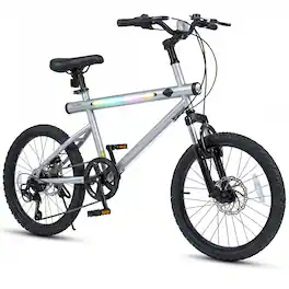 Costway - 6-Speed Commuter Bicycle,20 LED-lit Hybrid Bike with Stereo Speakers,2 Disc Brakes - Silver