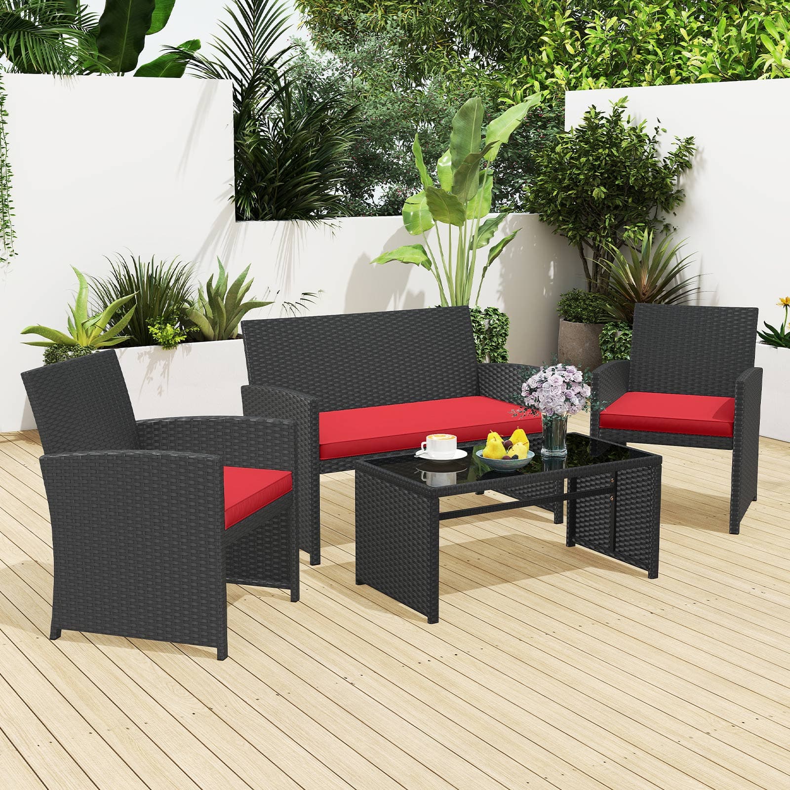 Gymax - Set of 4 Patio Conversation Set w/Seat Cushions & Tempered Glass Tabletop Porch Outdoor - Red price history on PriceWatchPro
