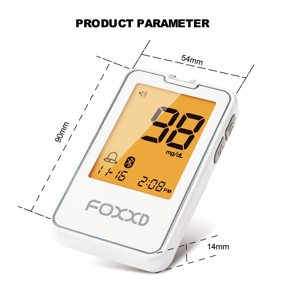 PRODUCT PARAMETER

54mm  
90mm  
8 mg/dL  
1 2:08 PM  
FOXXD  
14mm