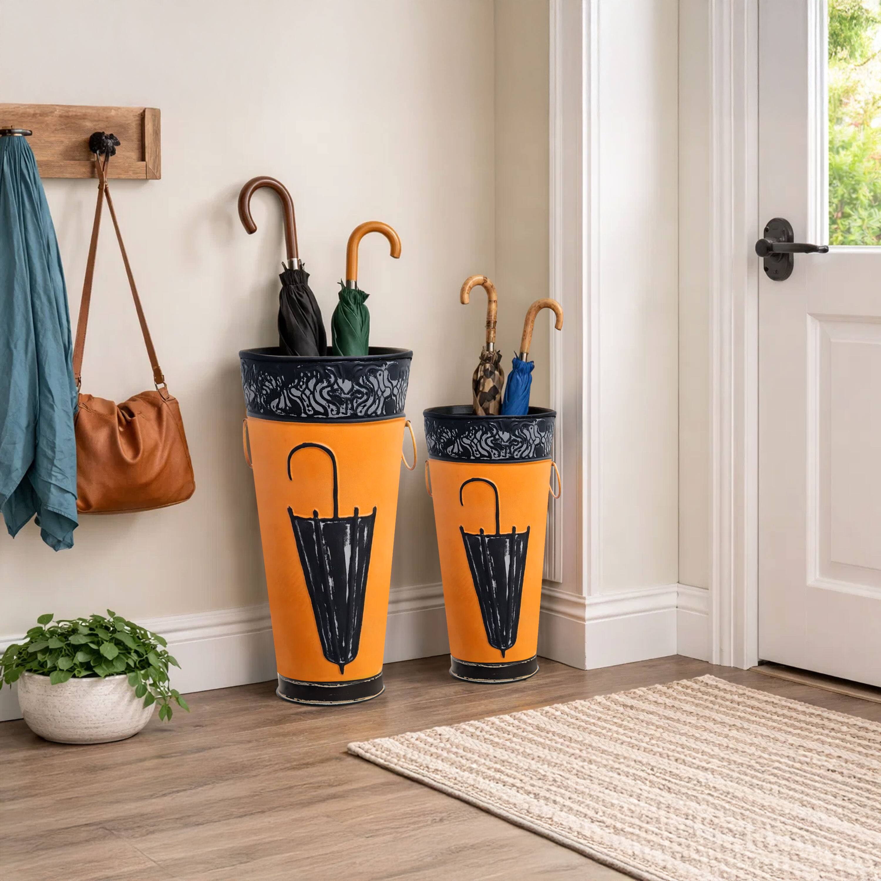 Alt View 7. Manhattan Lane - 21, 16 Inch Metal Umbrella Stands, Black Engraved Artwork, Set of 2, Orange - Brown, Black, White.