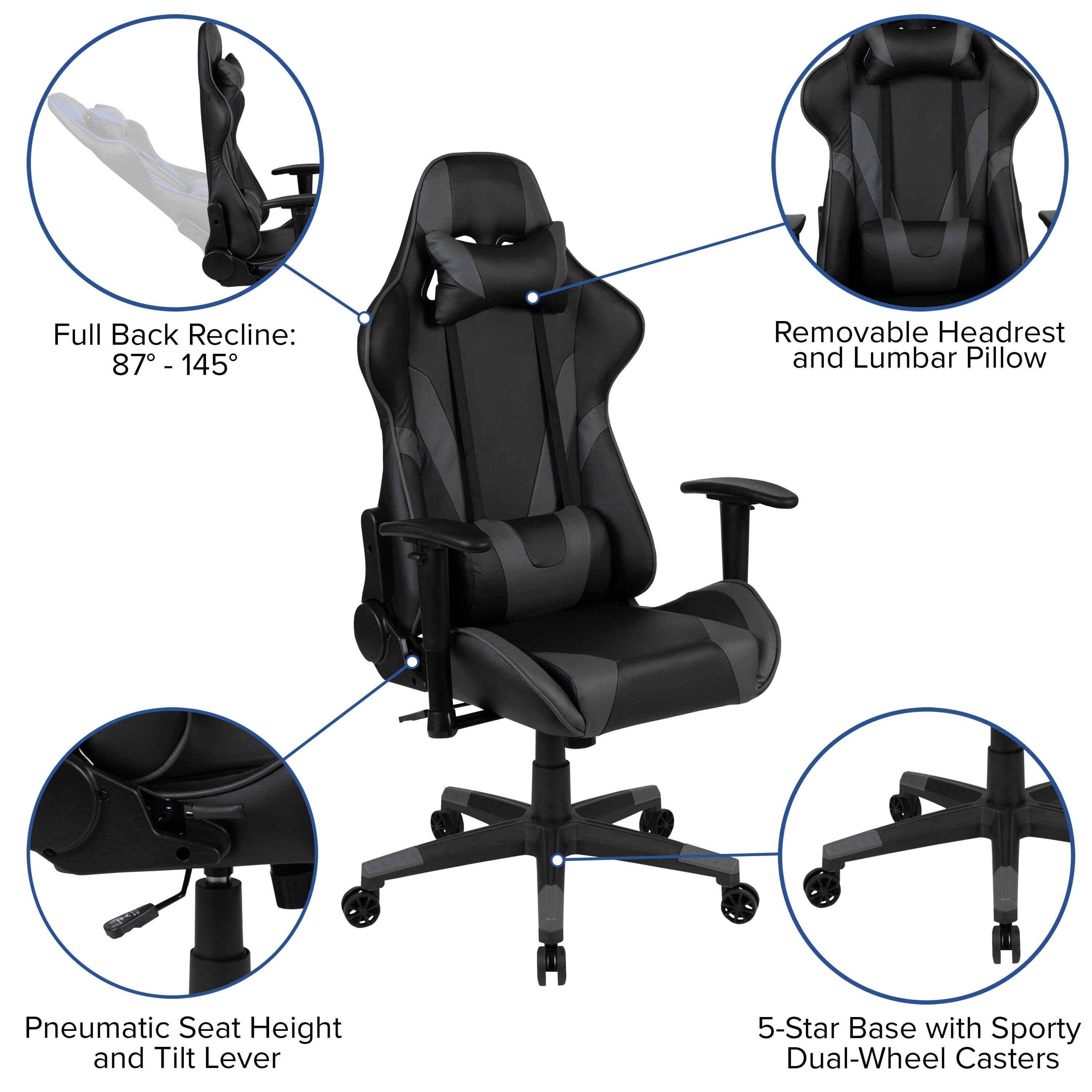 Full Back Recline: 87° - 145°  
Removable Headrest and Lumbar Pillow  
Pneumatic Seat Height and Tilt Lever  
5-Star Base with Sporty Dual-Wheel Casters