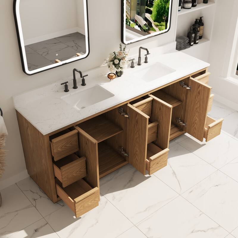 Left. WELLFOR - 84 in Soild Wood Bathroom Vanity with Double Undermount Sink ,9 Soft-Close Drawers & 4 Soft-Close Doors - Oak.