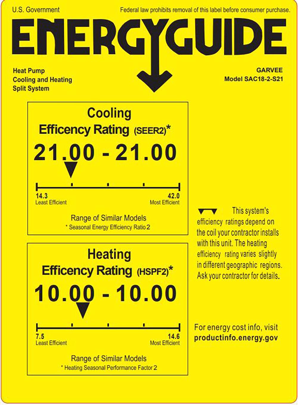 U.S. Government  
Federal law prohibits removal of this label before consumer purchase.  

**ENERGYGUIDE**  
Heat Pump  
Cooling and Heating  
Split System  

**GARVEE**  
Model SAC18-2-S21  

**Cooling Efficiency Rating (SEER2)***  
21.00 - 21.00  
14.3 Least Efficient  
42.0 Most Efficient  
Range of Similar Models  
*Seasonal Energy Efficiency Ratio 2  

**Heating Efficiency Rating (HSPF2)***  
10.00 - 10.00  
7.5 Least Efficient  
14.6 Most Efficient  
Range of Similar Models  
*Heating Seasonal Performance Factor 2  

This system's efficiency ratings depend on the coil your contractor installs with this unit. The heating efficiency rating varies slightly in different geographic regions. Ask your contractor for details.  

For energy cost info, visit [productinfo.energy.gov](http://productinfo.energy.gov)