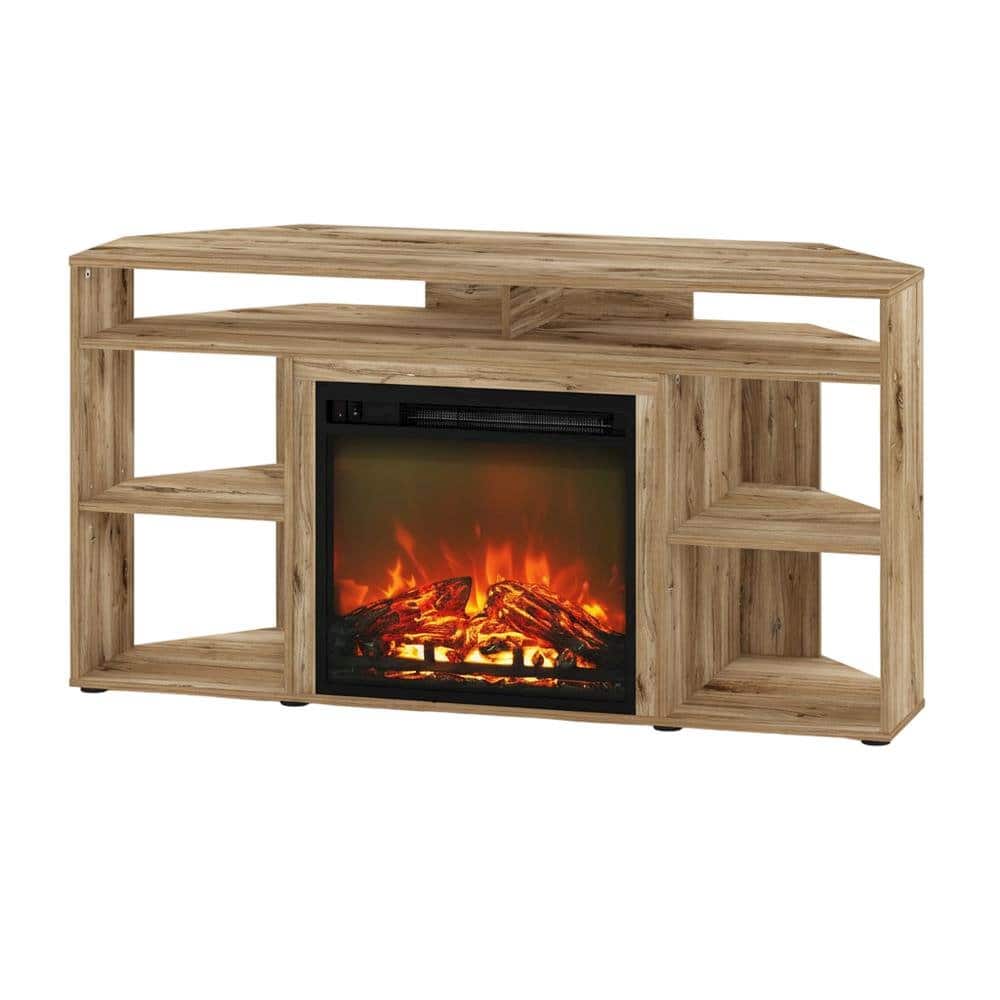 FurniFact - Corner TV Stand with Fireplace for 55-Inch Screens in Rustic Wood Finish - Brown